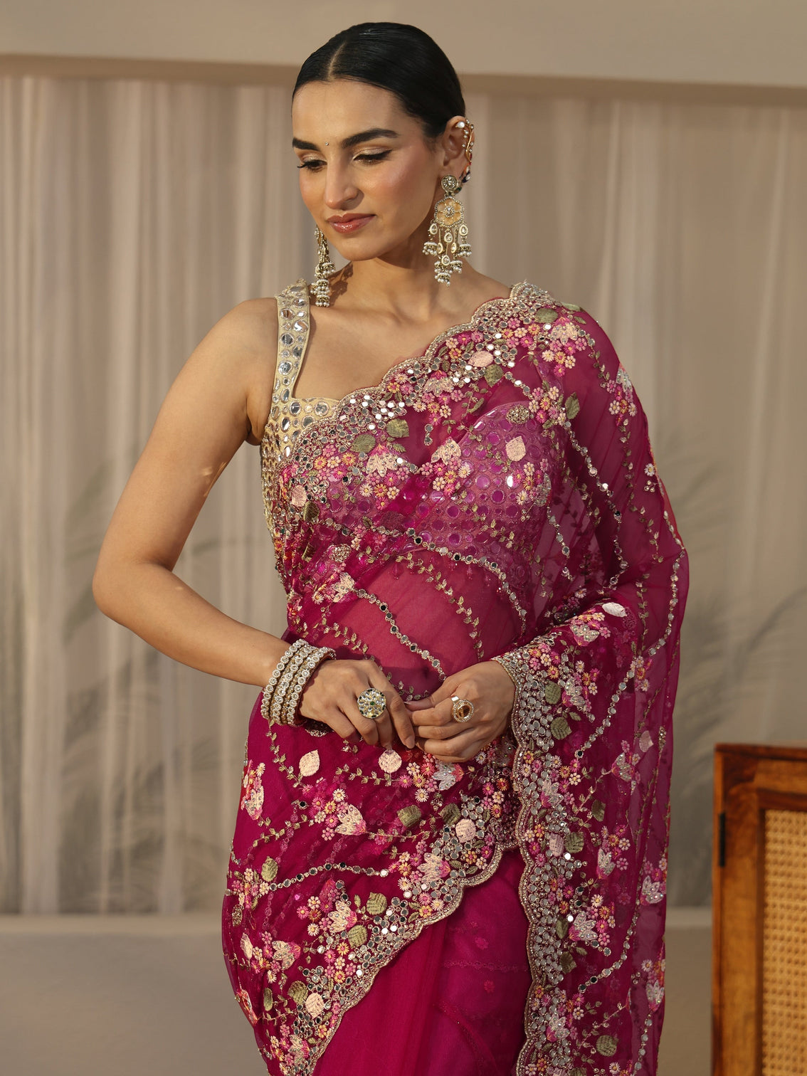 Mameraa Art Fuchsia Pink Floral Embellished Net Saree