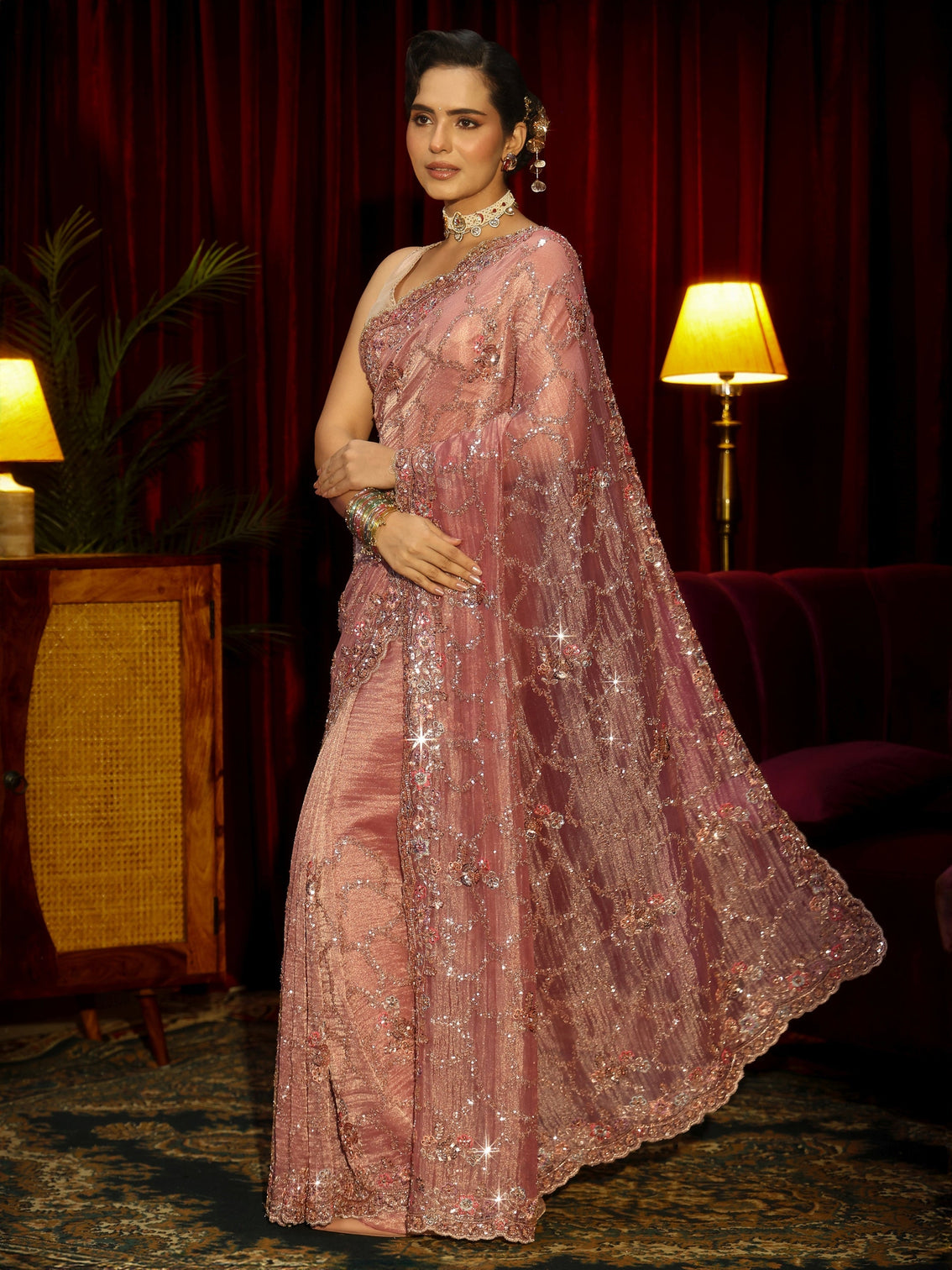 Mameraa Art Dusty Rose Pink Embellished Tissue Saree
