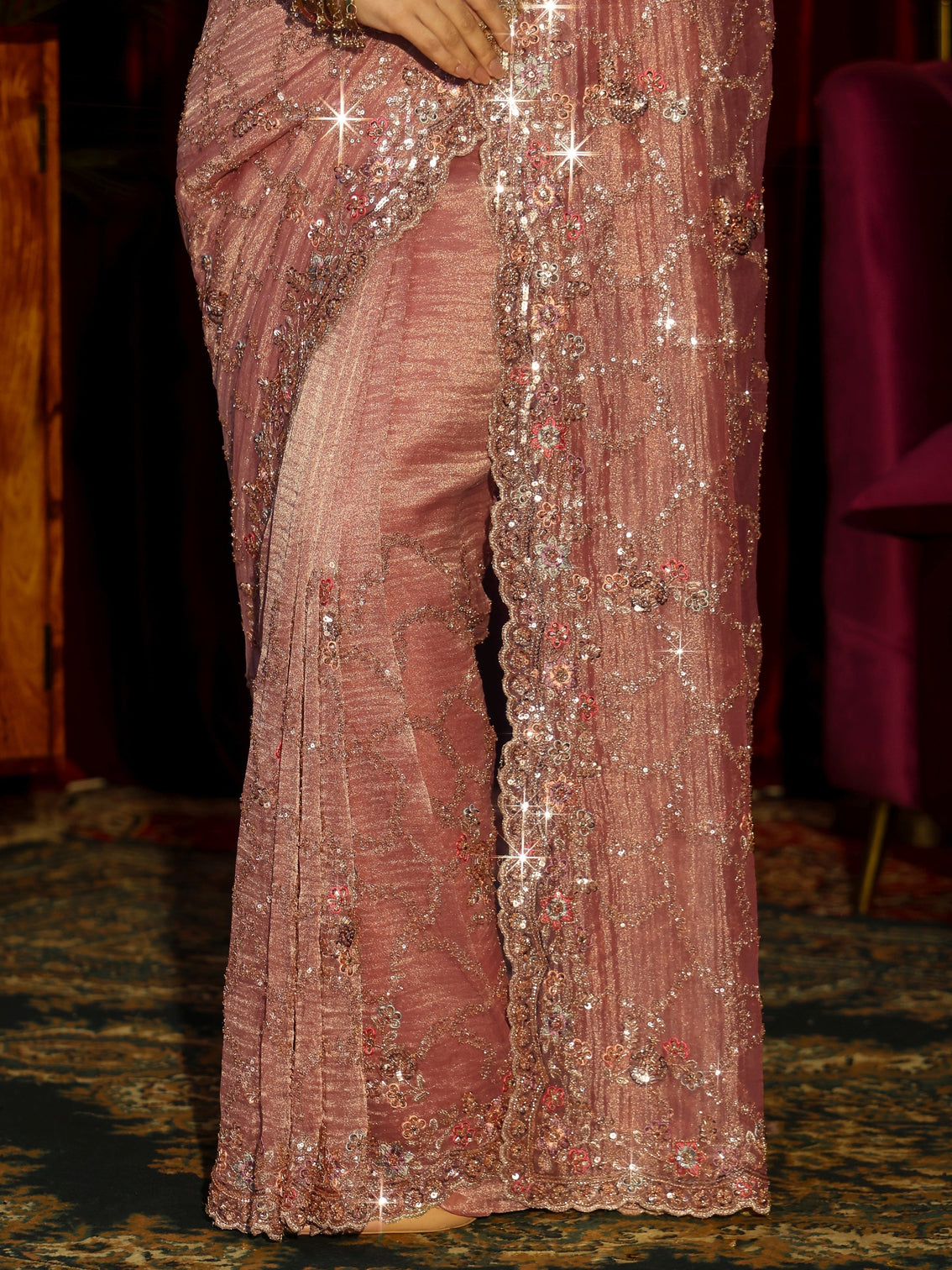 Mameraa Art Dusty Rose Pink Embellished Tissue Saree