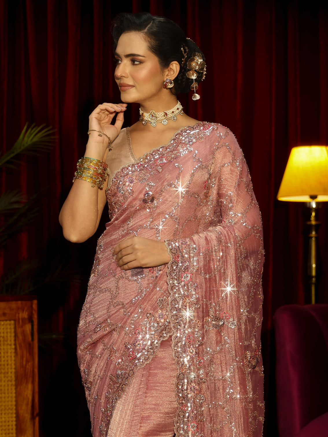 Mameraa Art Dusty Rose Pink Embellished Tissue Saree