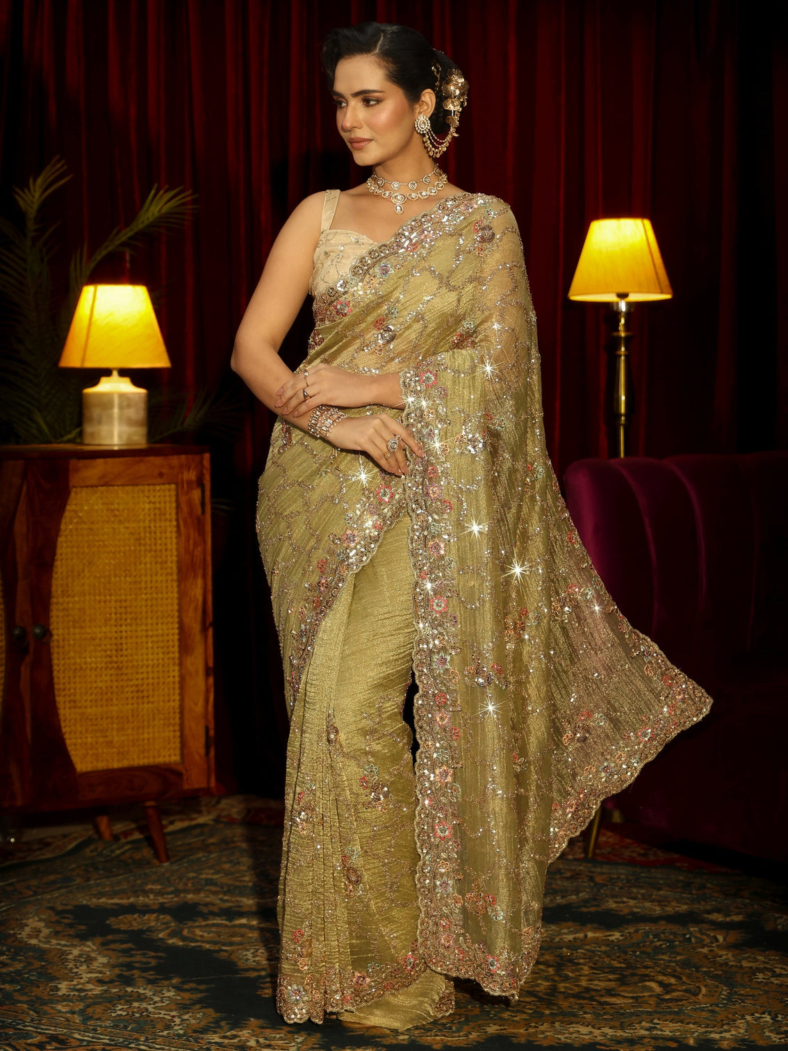 Mameraa Art Pista Green Embellished Tissue Saree