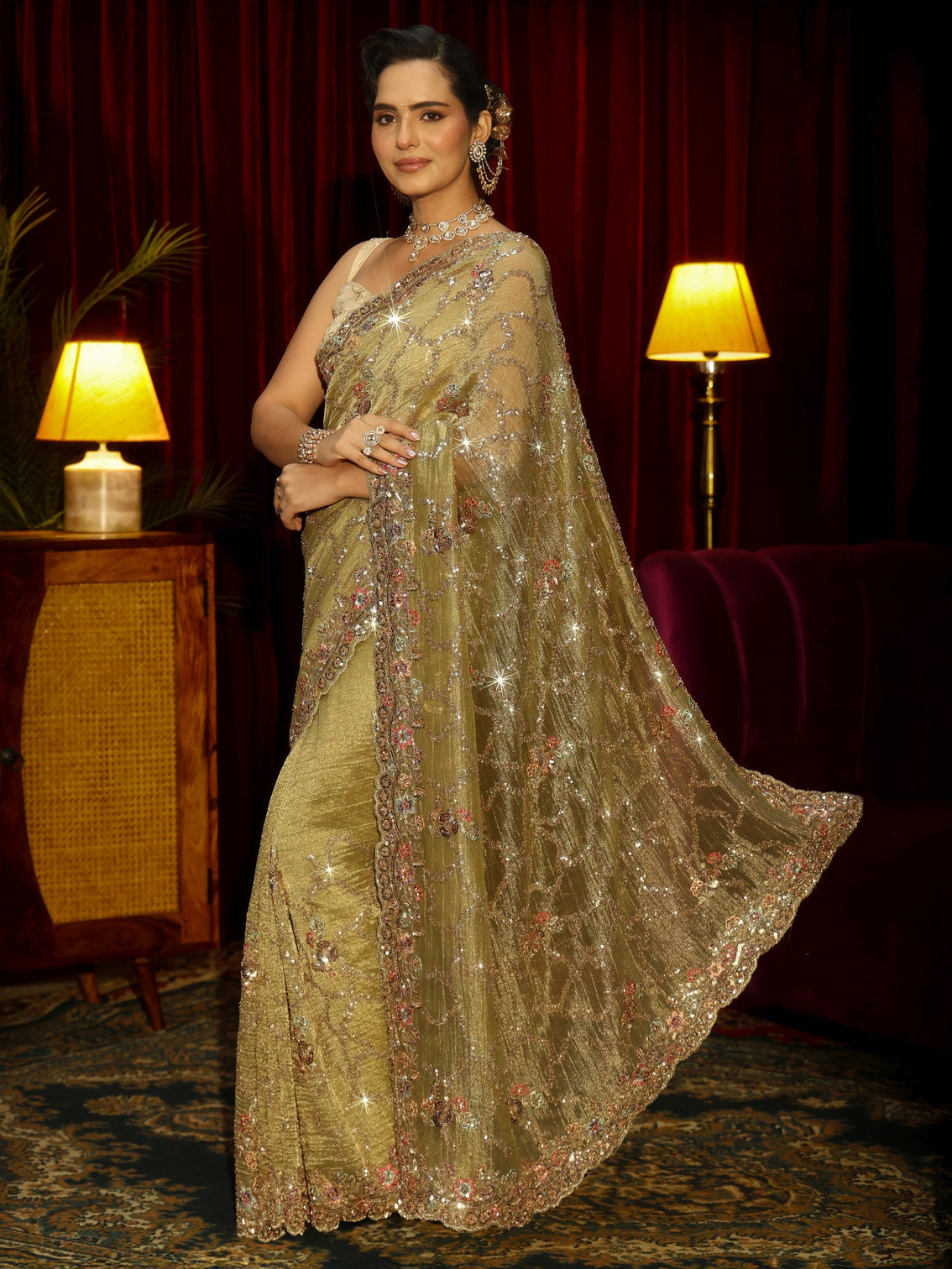 Mameraa Art Pista Green Embellished Tissue Saree