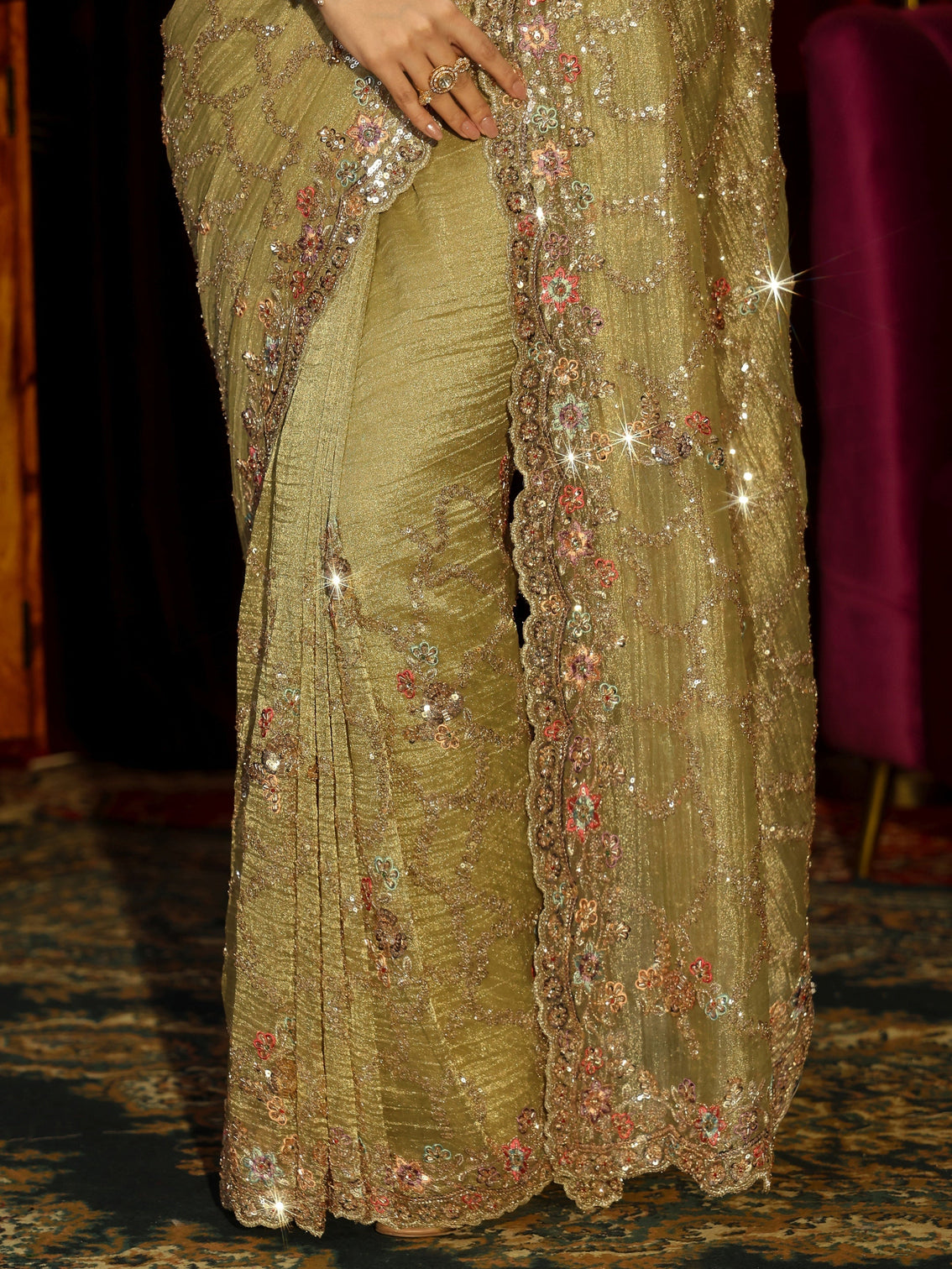 Mameraa Art Pista Green Embellished Tissue Saree
