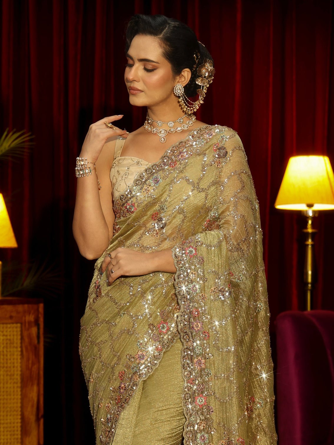 Mameraa Art Pista Green Embellished Tissue Saree