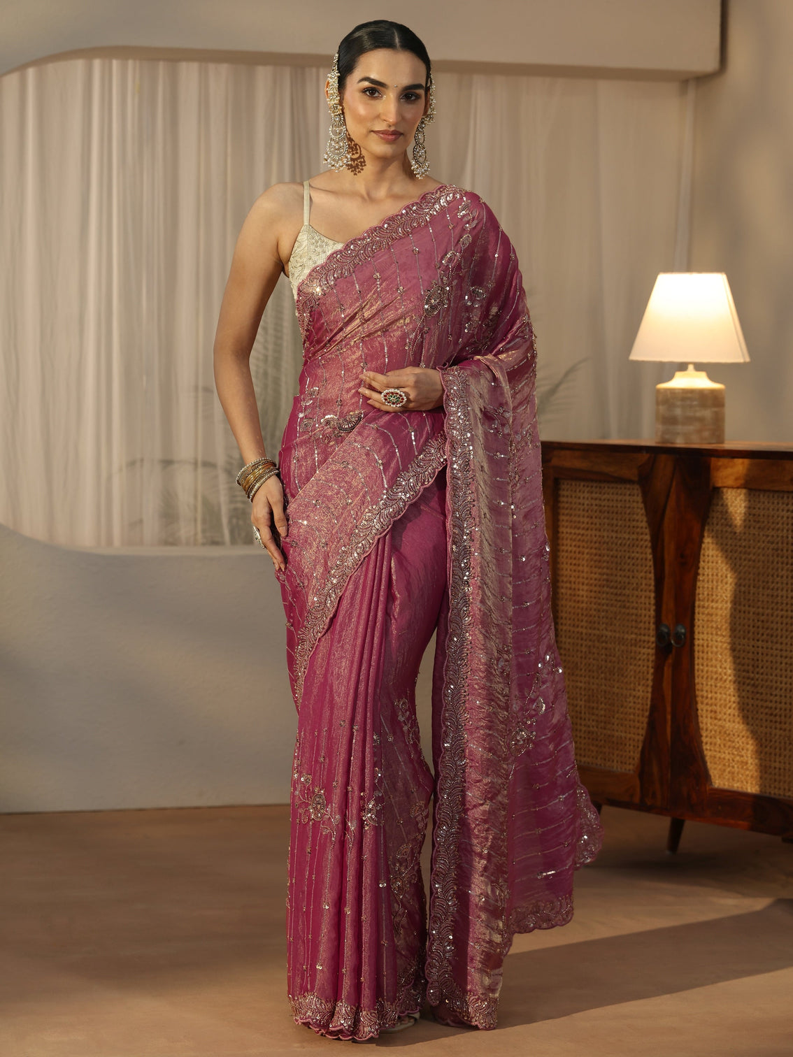 Mameraa Art Dusty Rose Pink Embellished Tissue Saree