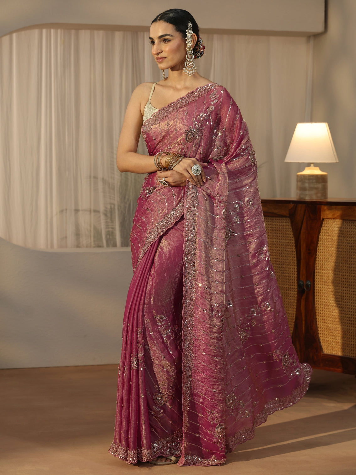 Mameraa Art Dusty Rose Pink Embellished Tissue Saree