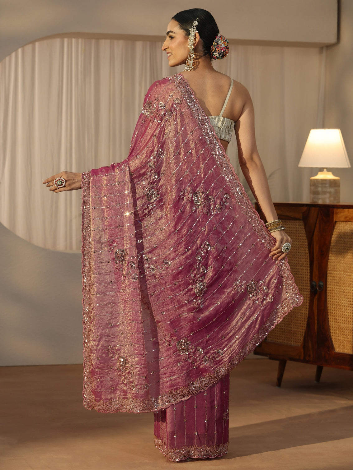 Mameraa Art Dusty Rose Pink Embellished Tissue Saree