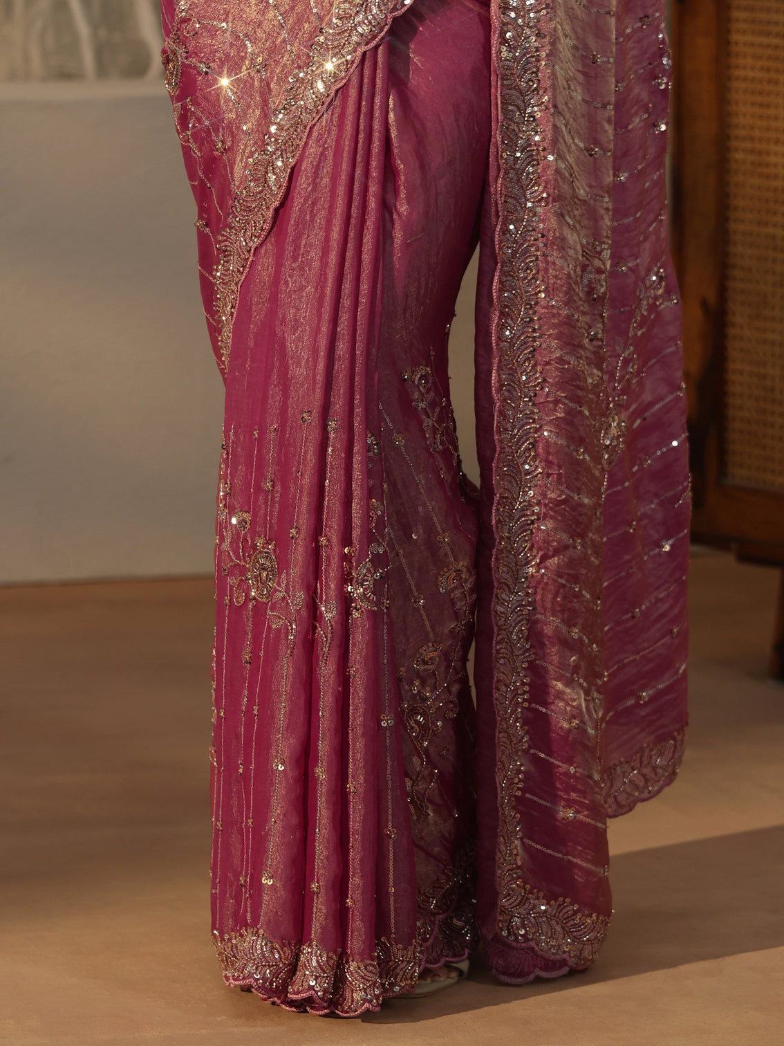 Mameraa Art Dusty Rose Pink Embellished Tissue Saree