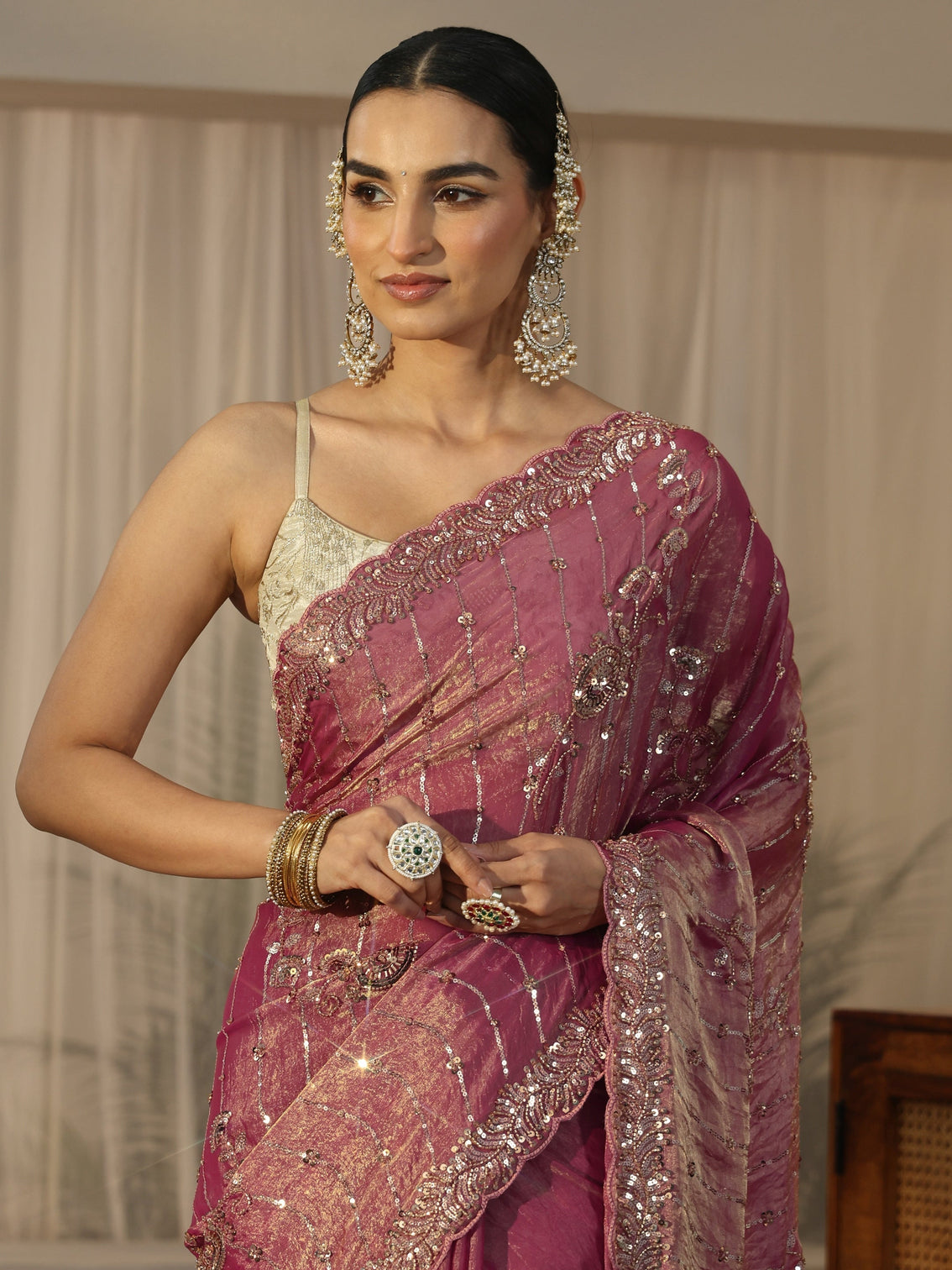 Mameraa Art Dusty Rose Pink Embellished Tissue Saree