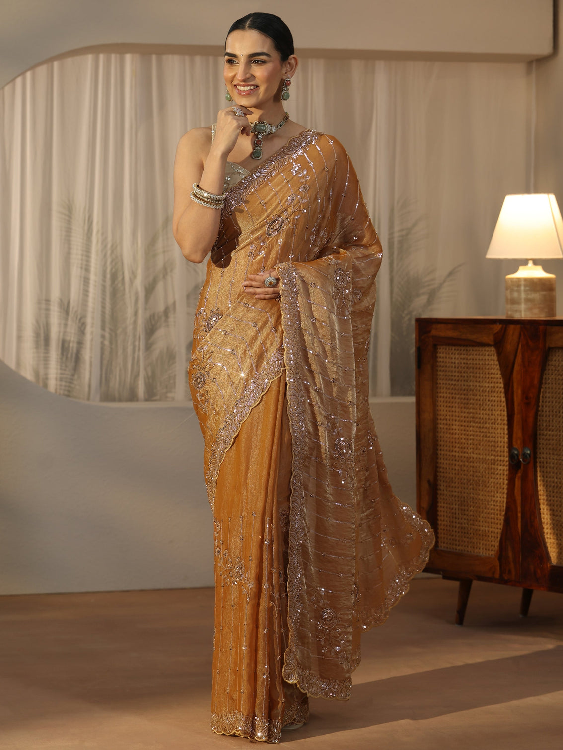 Mameraa Art Mustard Embellished Tissue Saree
