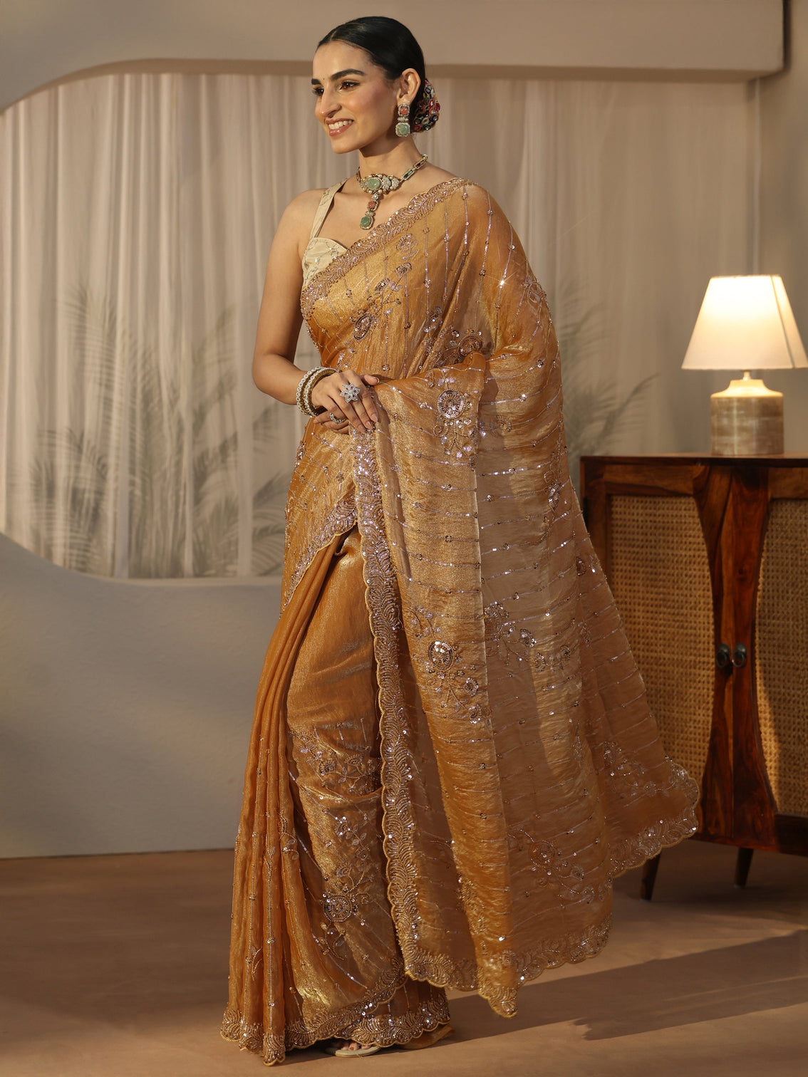 Mameraa Art Mustard Embellished Tissue Saree
