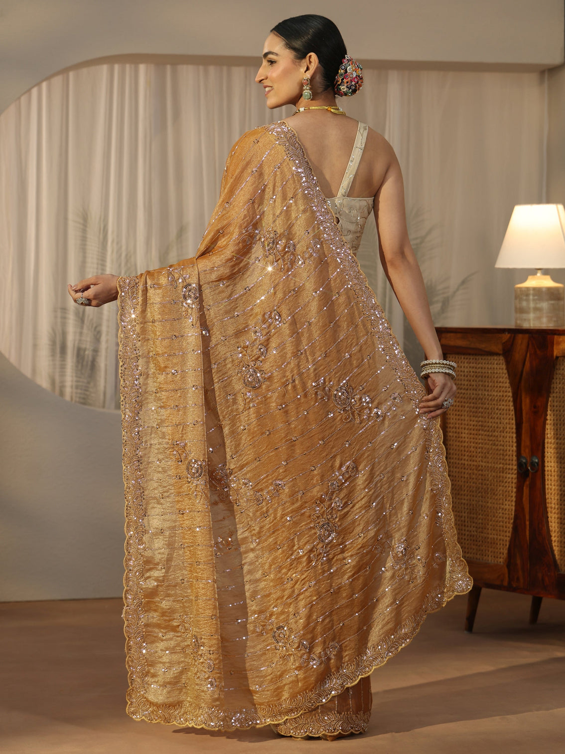 Mameraa Art Mustard Embellished Tissue Saree