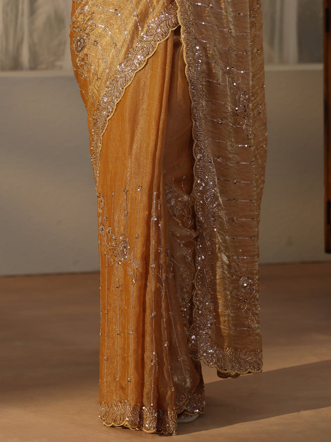 Mameraa Art Mustard Embellished Tissue Saree