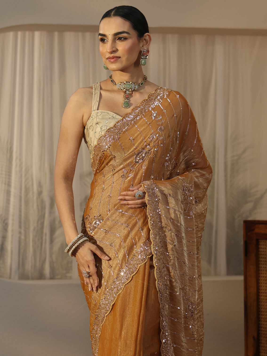 Mameraa Art Mustard Embellished Tissue Saree