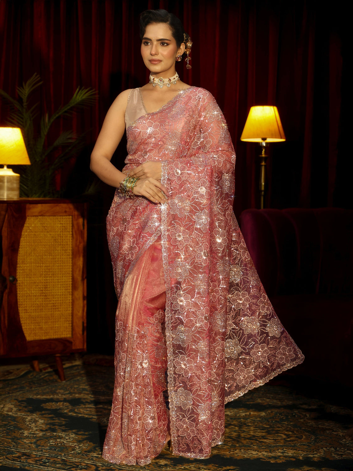 Mameraa Art Peach Pink Floral Embellished Tissue Saree