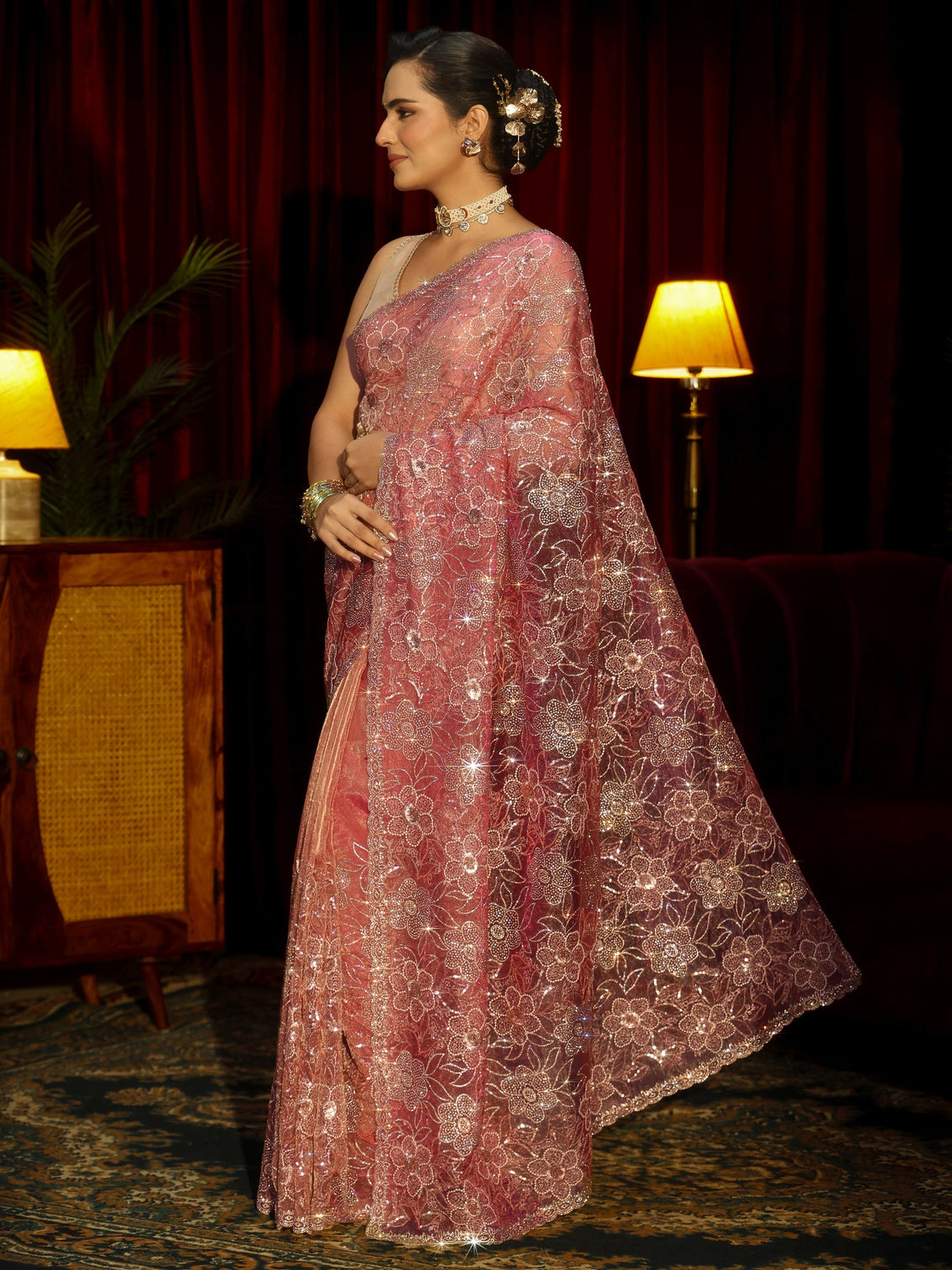 Mameraa Art Peach Pink Floral Embellished Tissue Saree