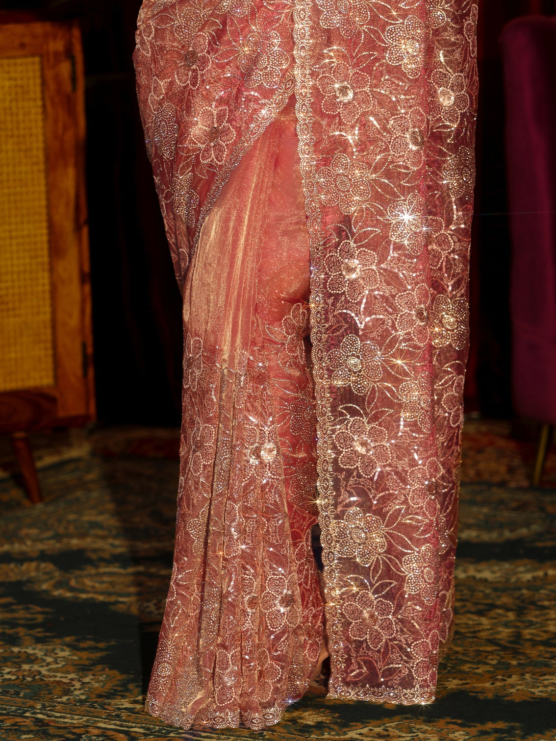 Mameraa Art Peach Pink Floral Embellished Tissue Saree