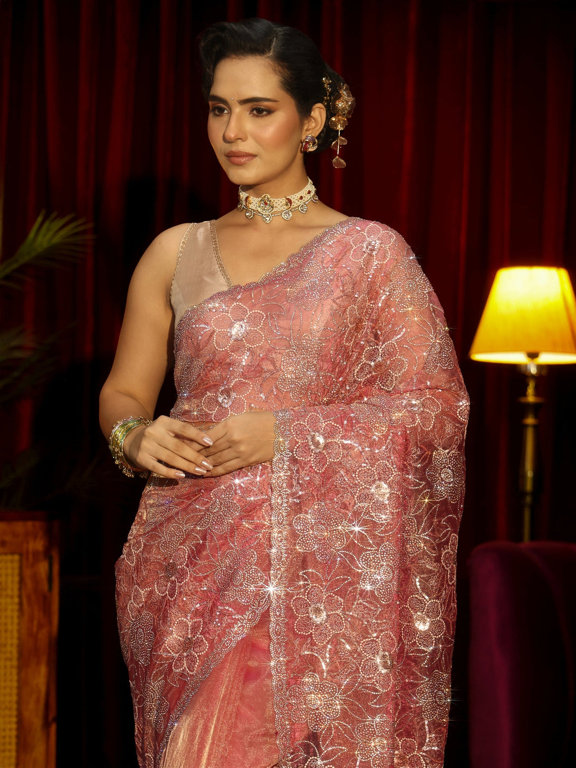 Mameraa Art Peach Pink Floral Embellished Tissue Saree