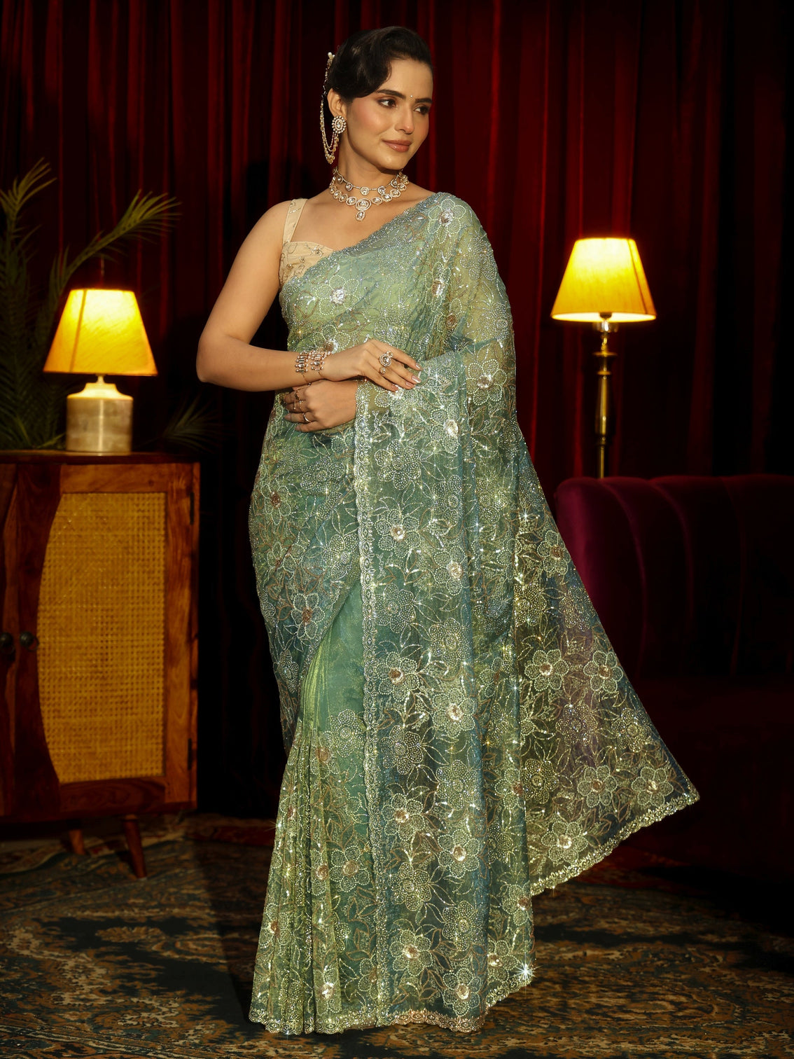 Mameraa Art Sea Green Floral Embellished Tissue Saree