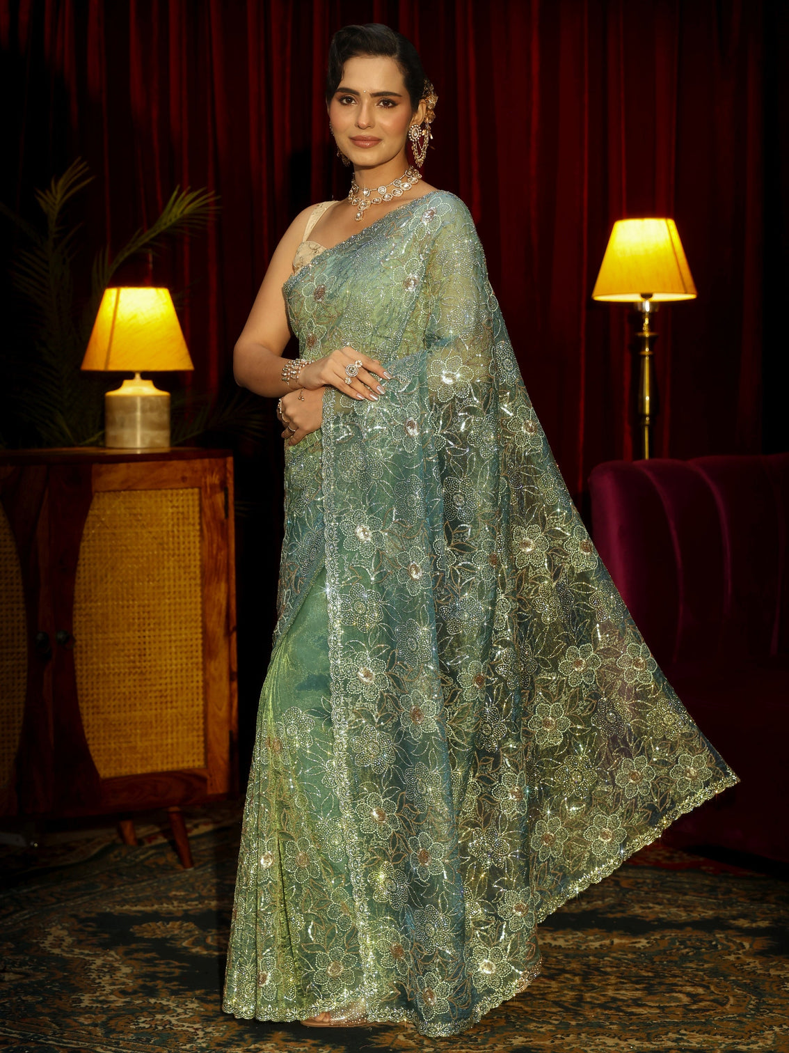 Mameraa Art Sea Green Floral Embellished Tissue Saree