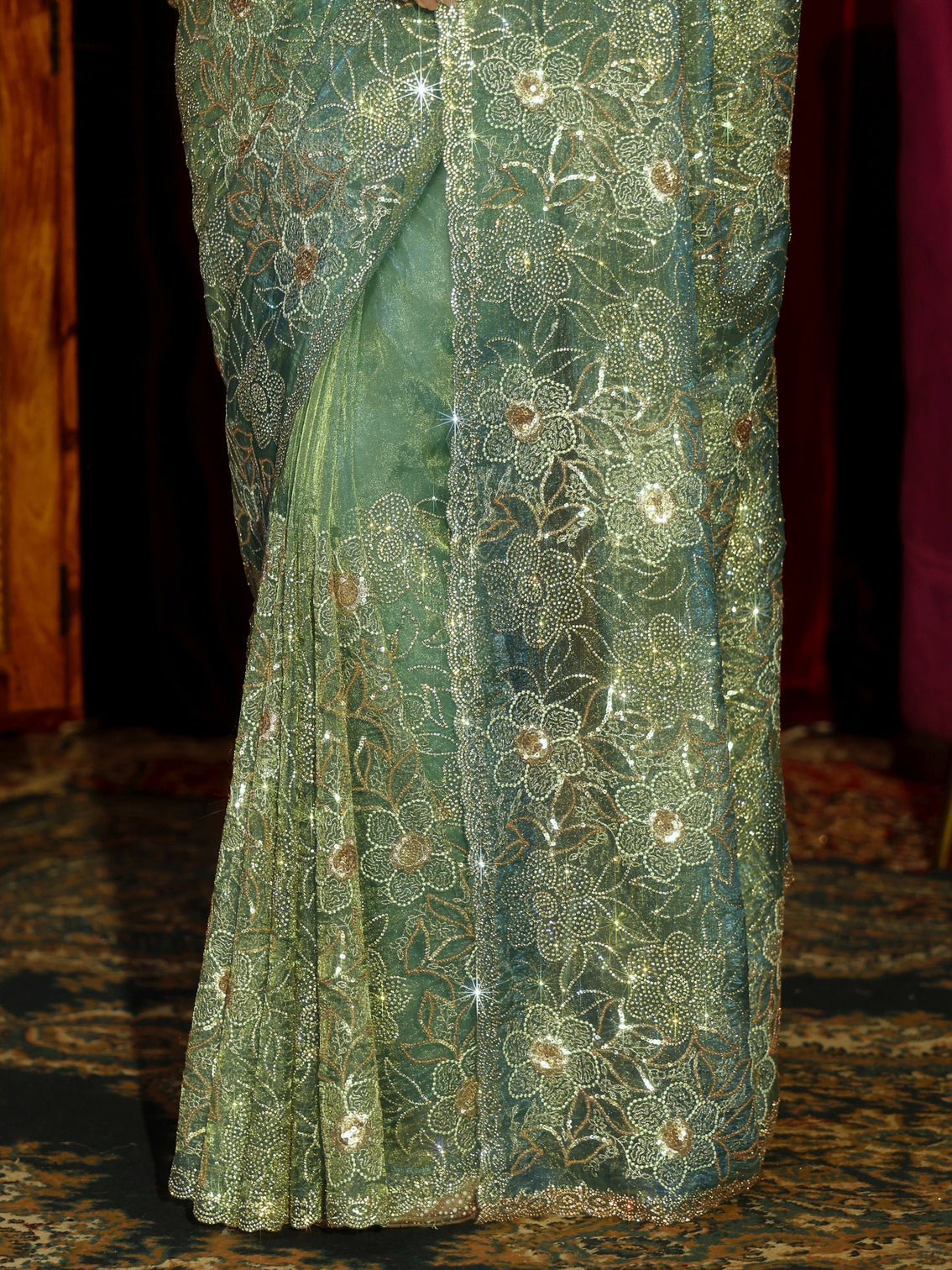 Mameraa Art Sea Green Floral Embellished Tissue Saree