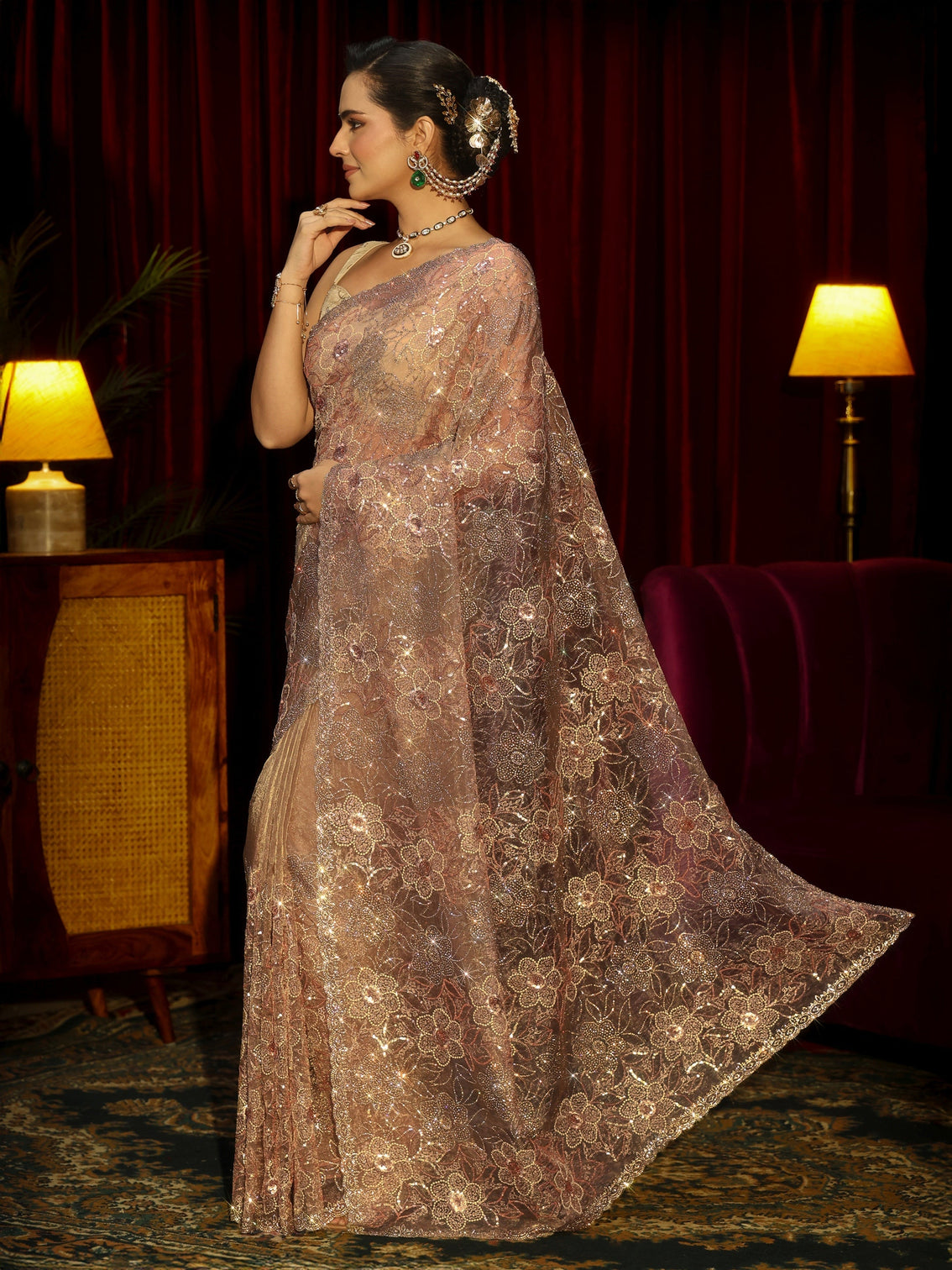 Mameraa Art Beige Floral Embellished Tissue Saree
