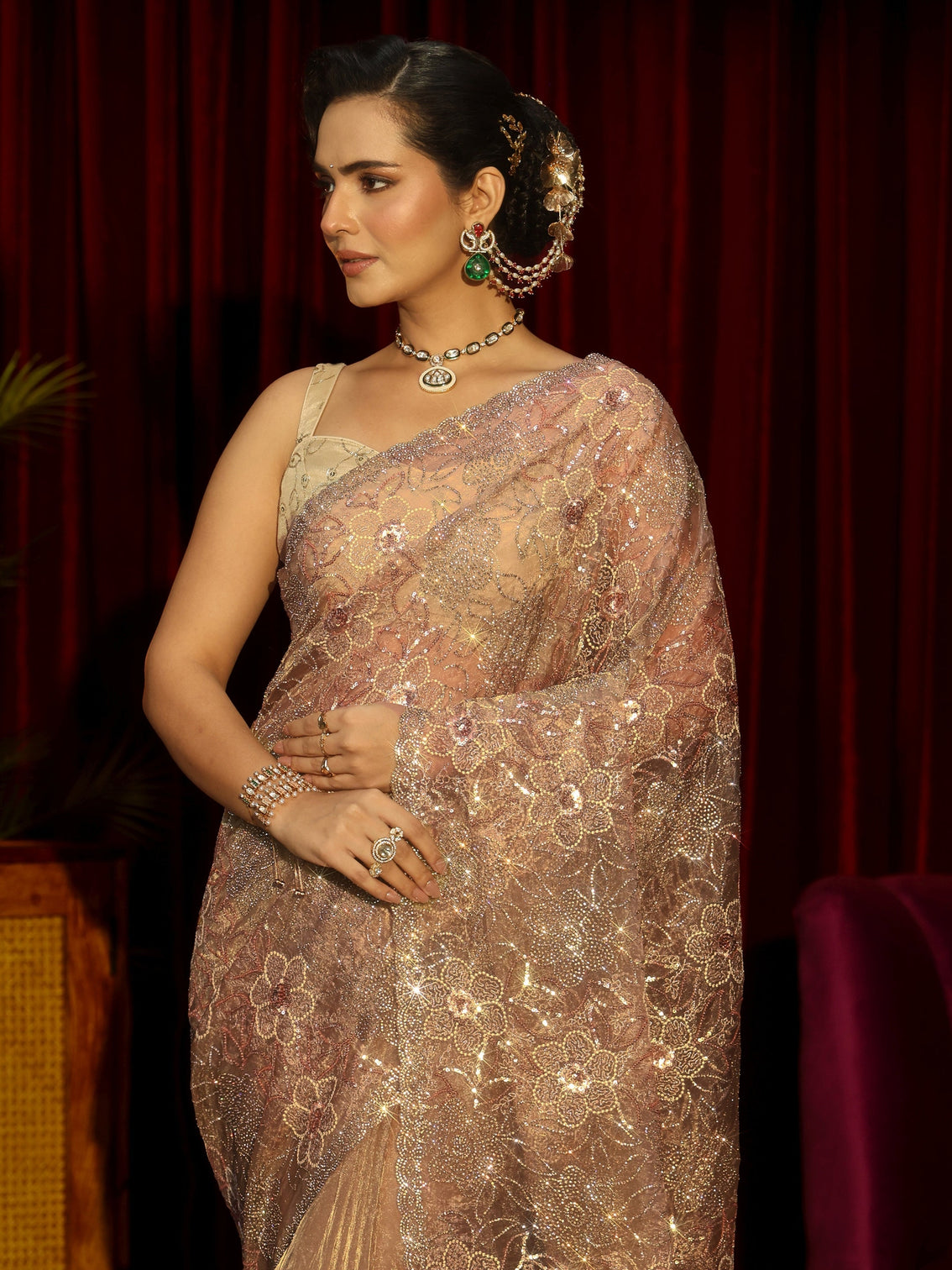 Mameraa Art Beige Floral Embellished Tissue Saree