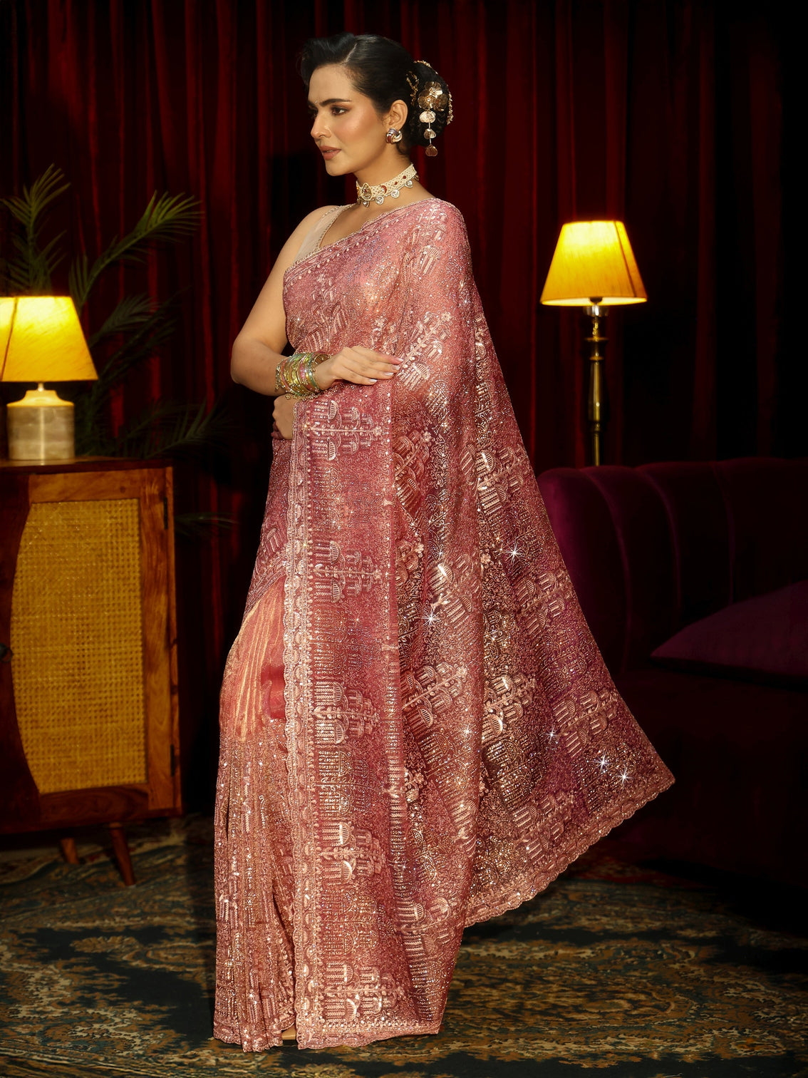 Mameraa Art Peach Pink Sequin Embellished Tissue Saree