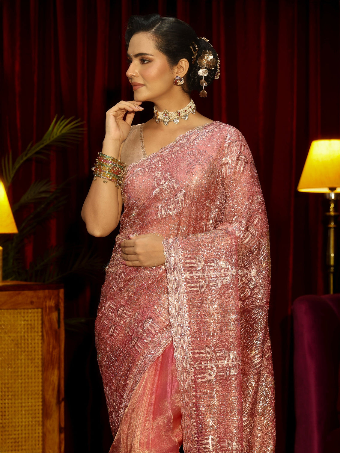 Mameraa Art Peach Pink Sequin Embellished Tissue Saree