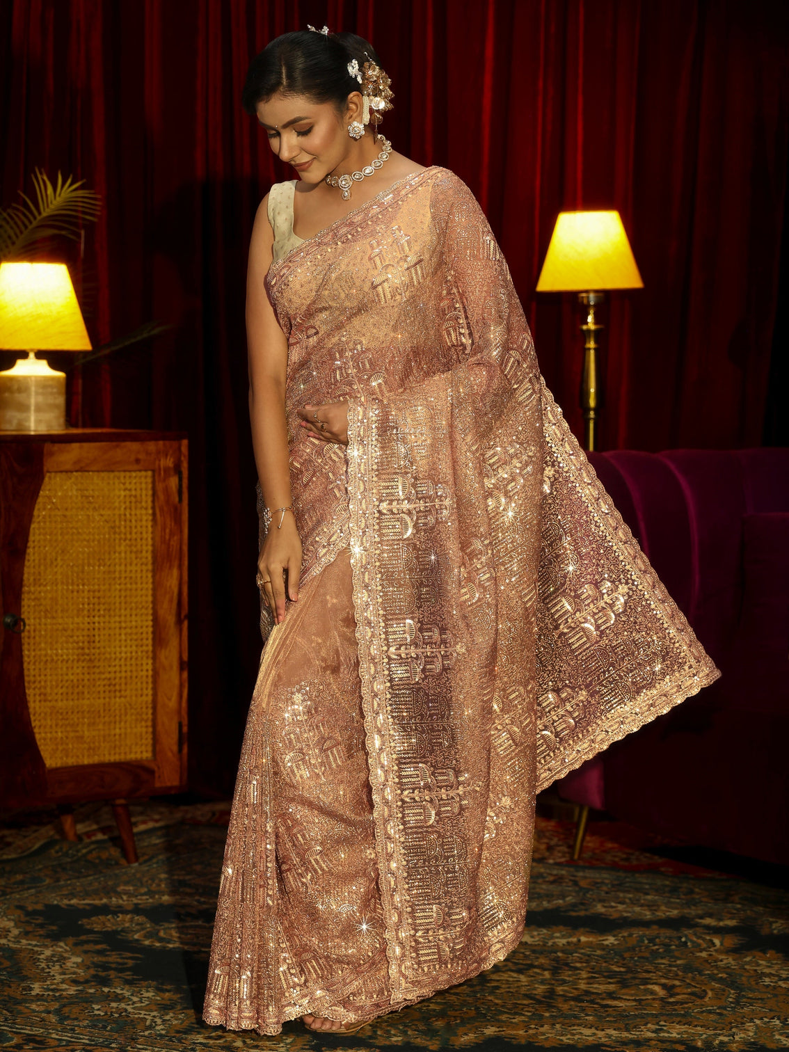 Mameraa Art Peach Sequin Embellished Tissue Saree