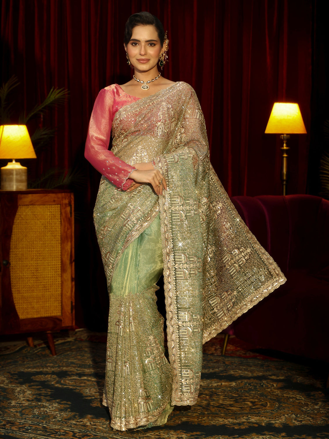 Mameraa Art Green Sequin Embellished Tissue Saree