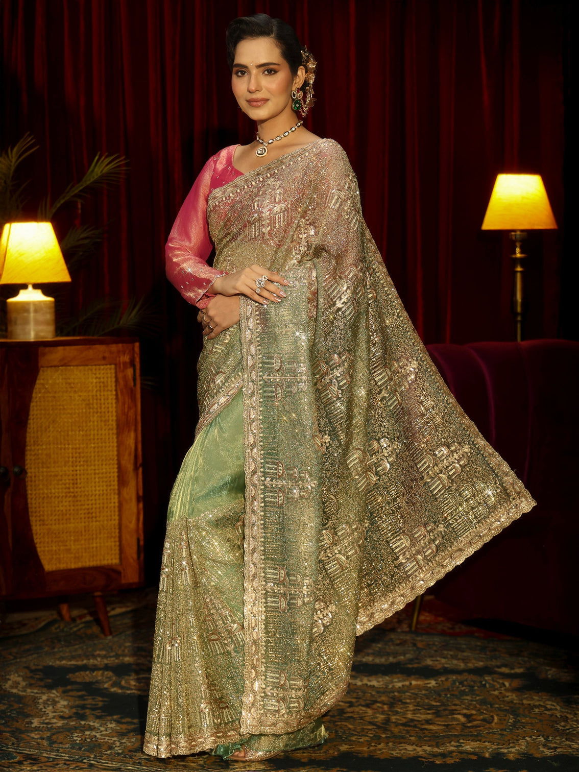 Mameraa Art Green Sequin Embellished Tissue Saree