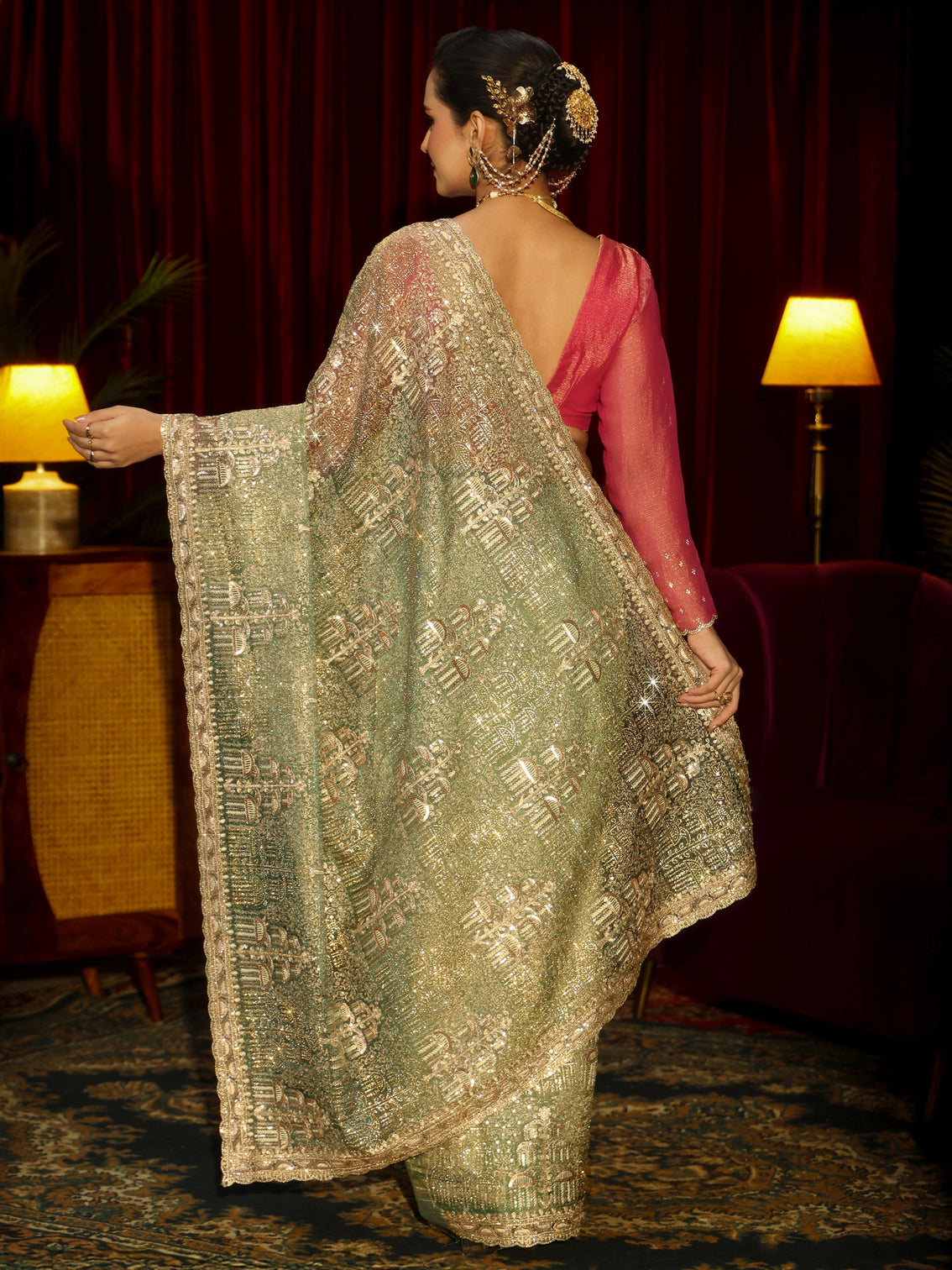 Mameraa Art Green Sequin Embellished Tissue Saree