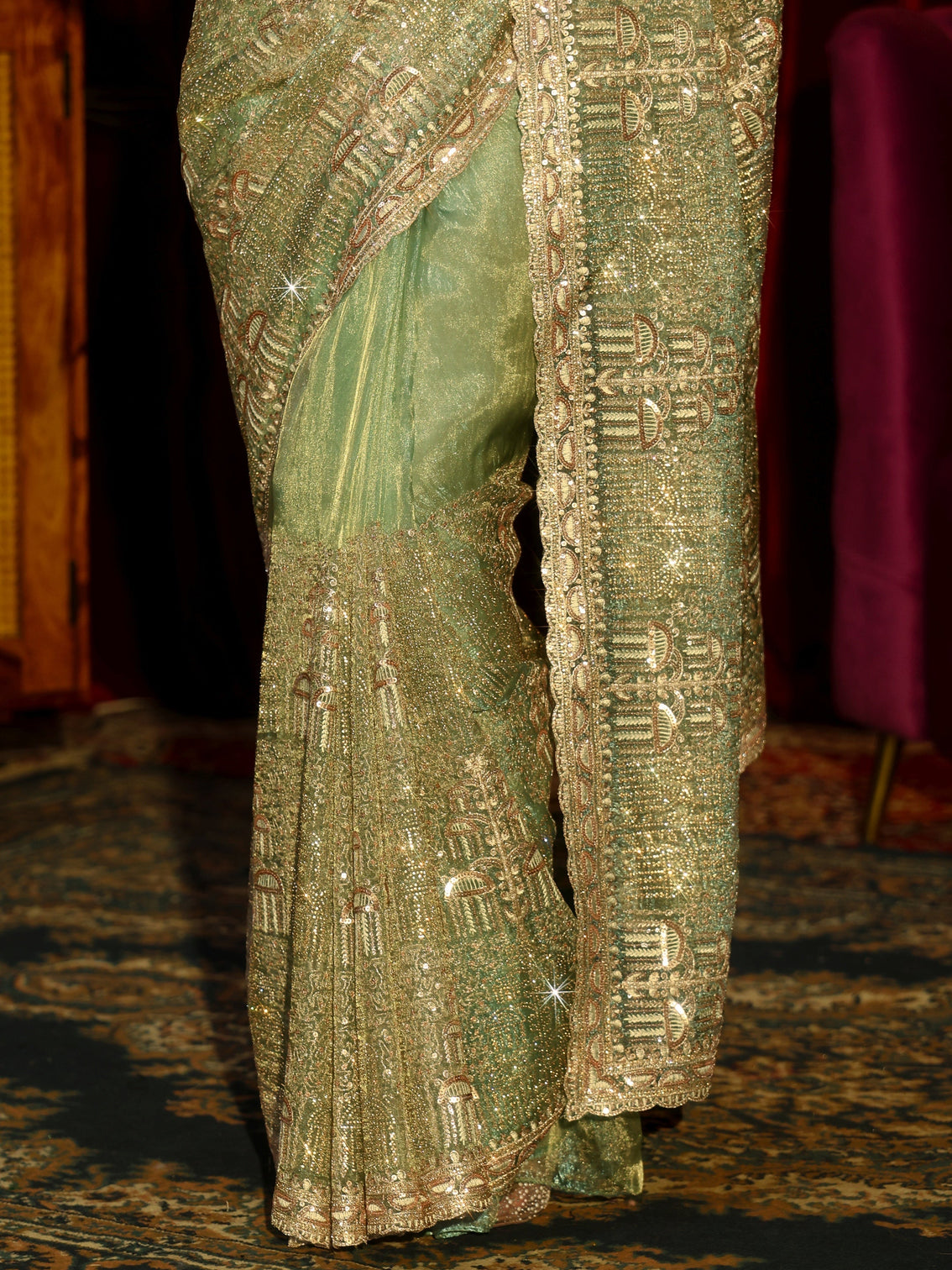 Mameraa Art Green Sequin Embellished Tissue Saree