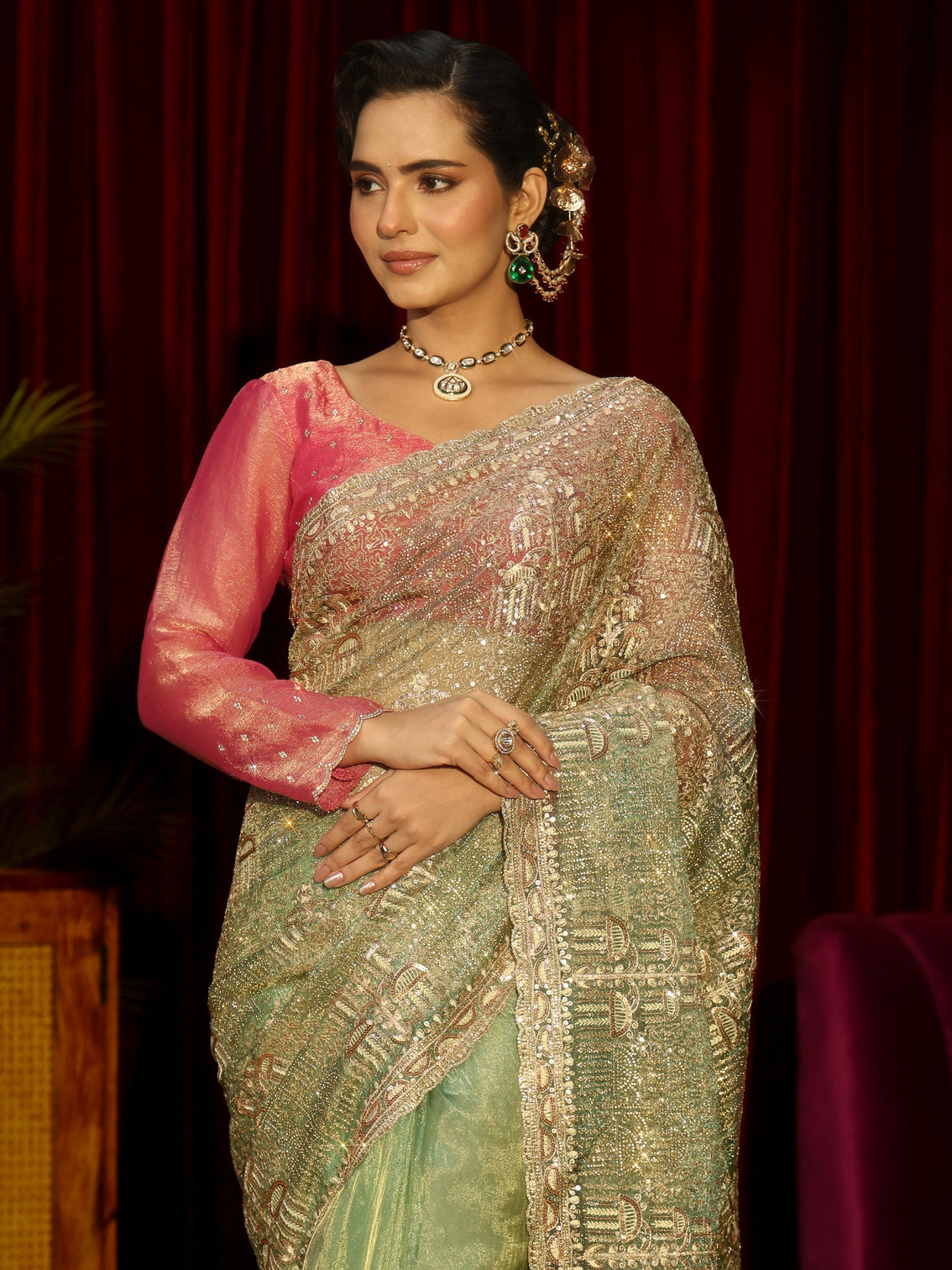 Mameraa Art Green Sequin Embellished Tissue Saree