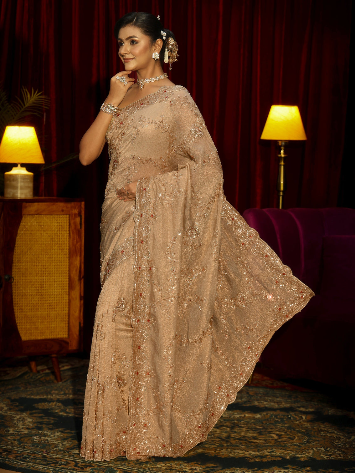 Mameraa Art Beige Floral Embellished Tissue Saree