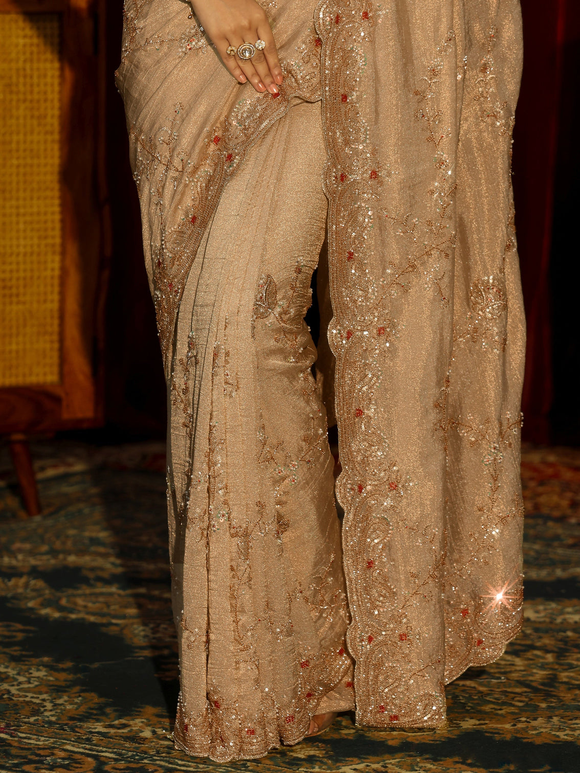 Mameraa Art Beige Floral Embellished Tissue Saree