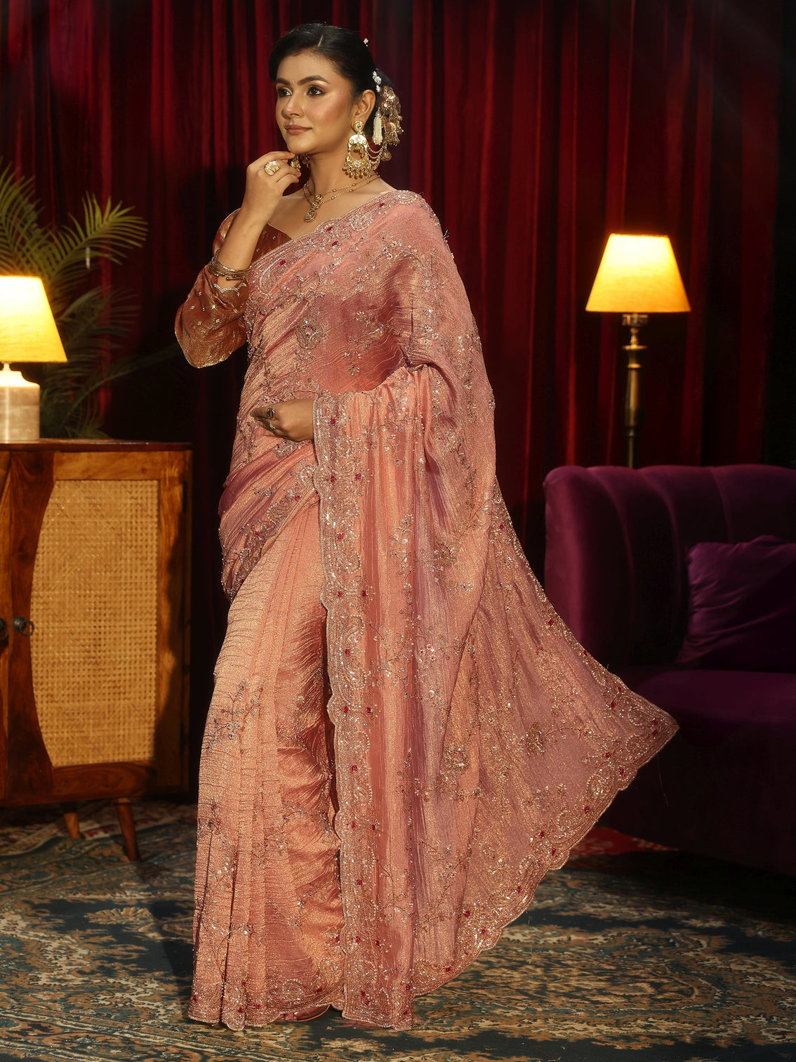 Mameraa Art Pink Floral Embellished Tissue Saree