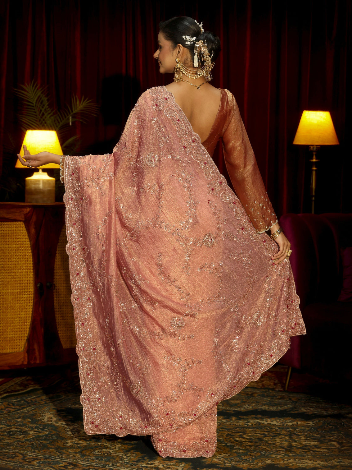 Mameraa Art Pink Floral Embellished Tissue Saree