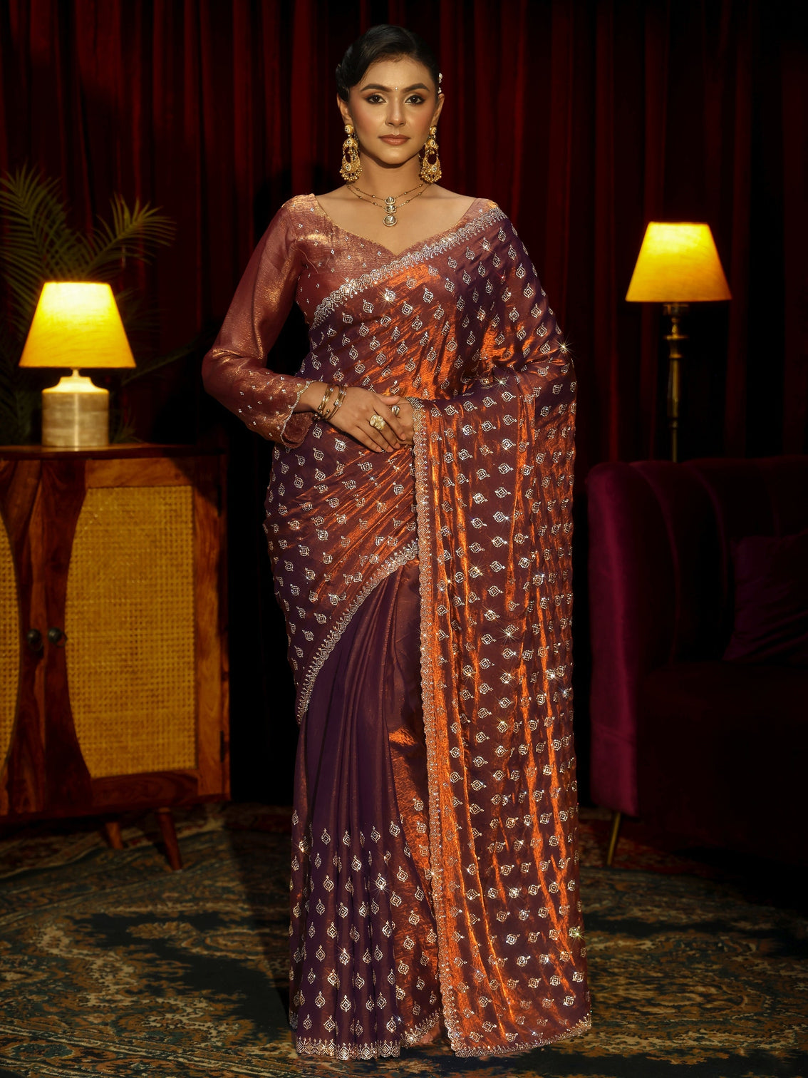 Mameraa Art Chocolate Brown Embellished Tissue Saree