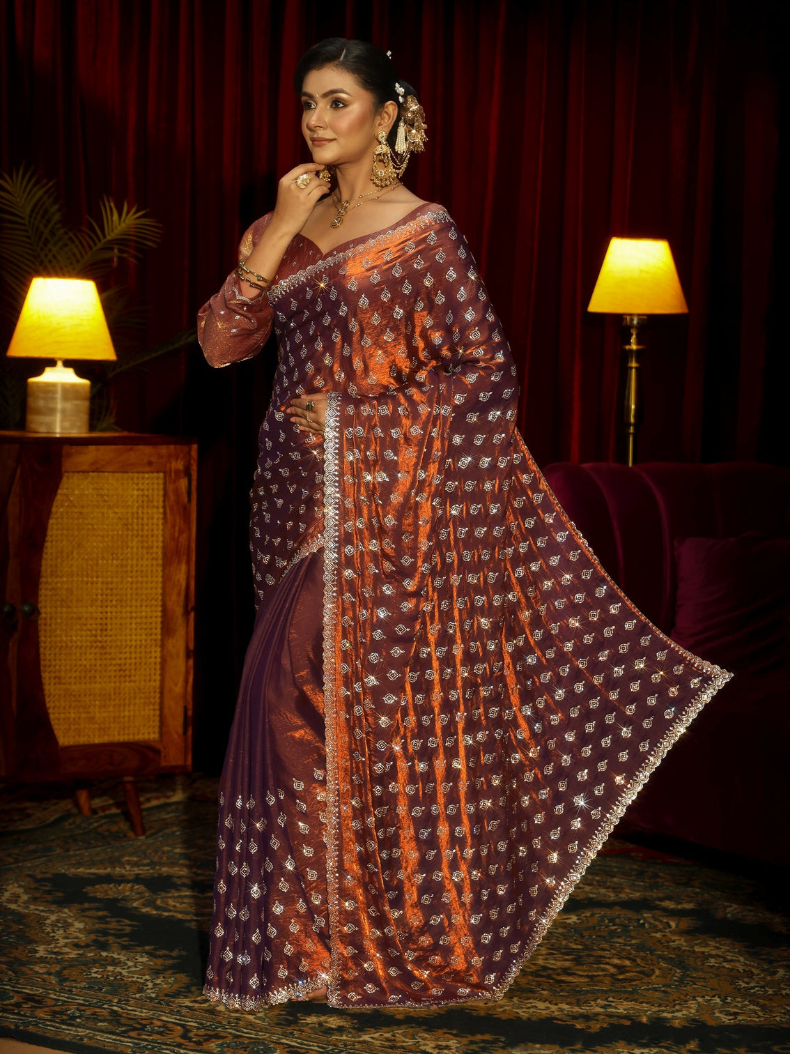 Mameraa Art Chocolate Brown Embellished Tissue Saree