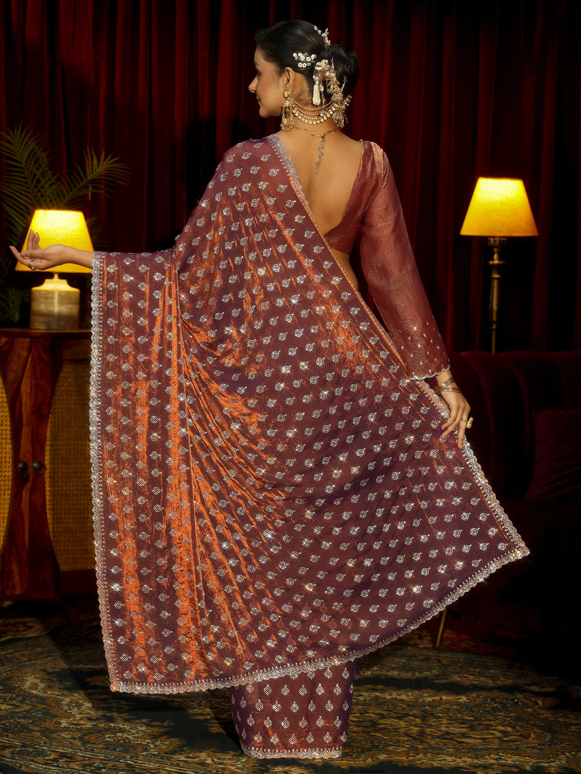 Mameraa Art Chocolate Brown Embellished Tissue Saree