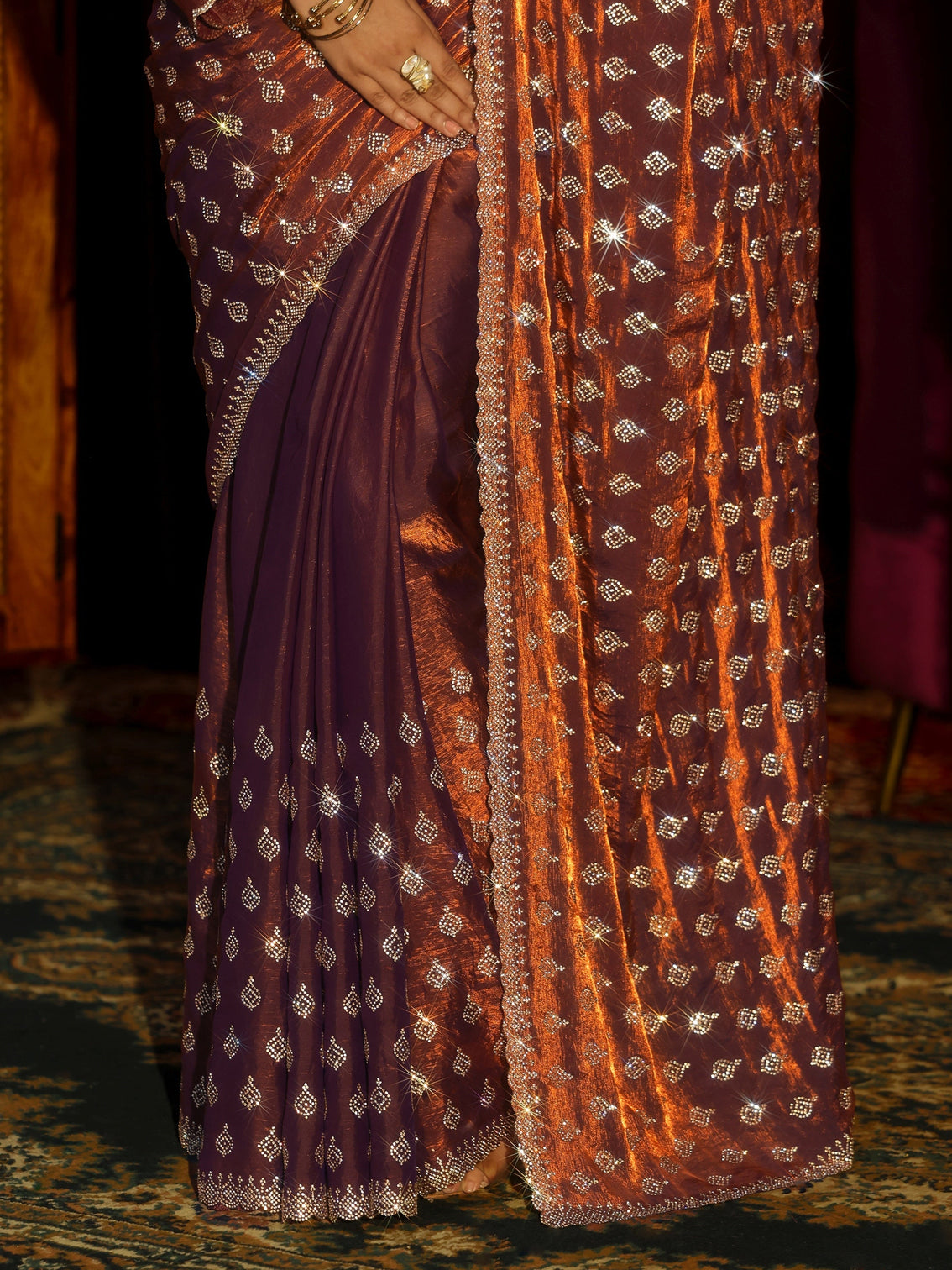 Mameraa Art Chocolate Brown Embellished Tissue Saree