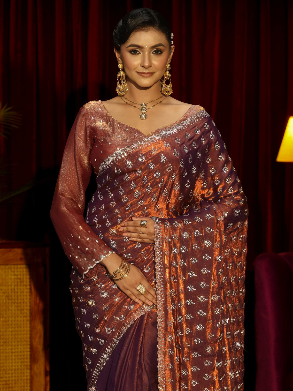 Mameraa Art Chocolate Brown Embellished Tissue Saree