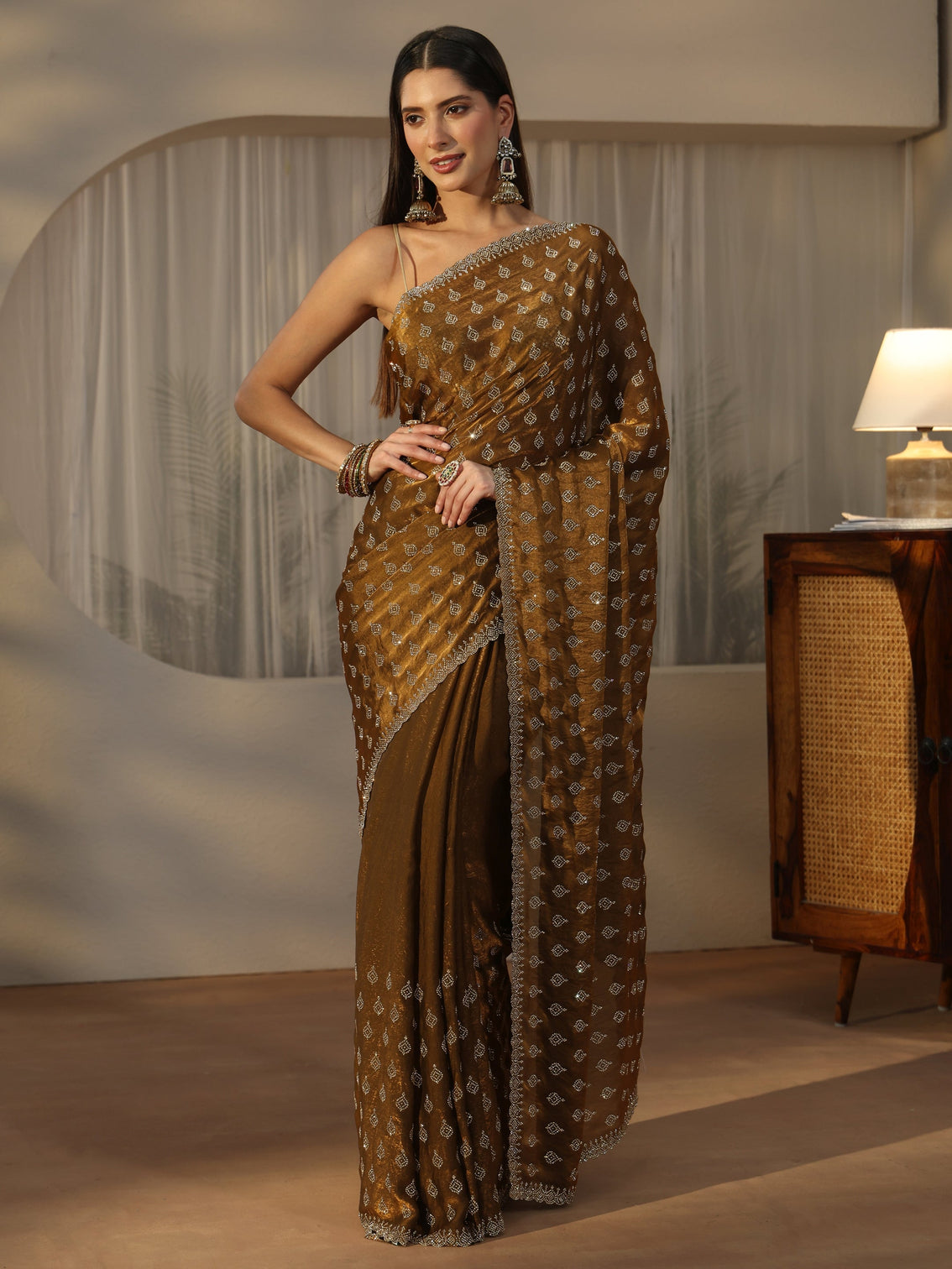 Mameraa Art Henna Green Embellished Tissue Saree