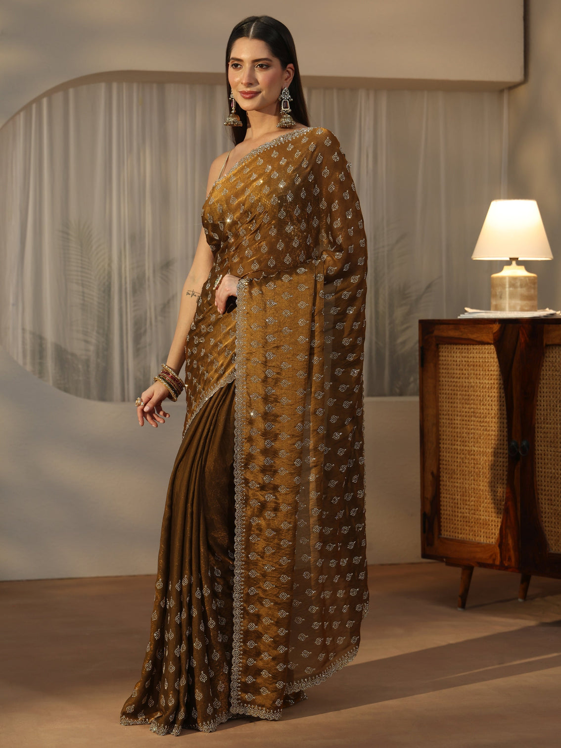 Mameraa Art Henna Green Embellished Tissue Saree