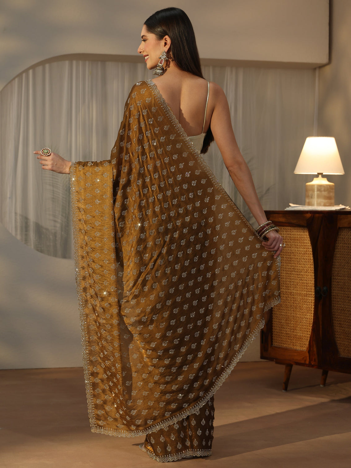 Mameraa Art Henna Green Embellished Tissue Saree