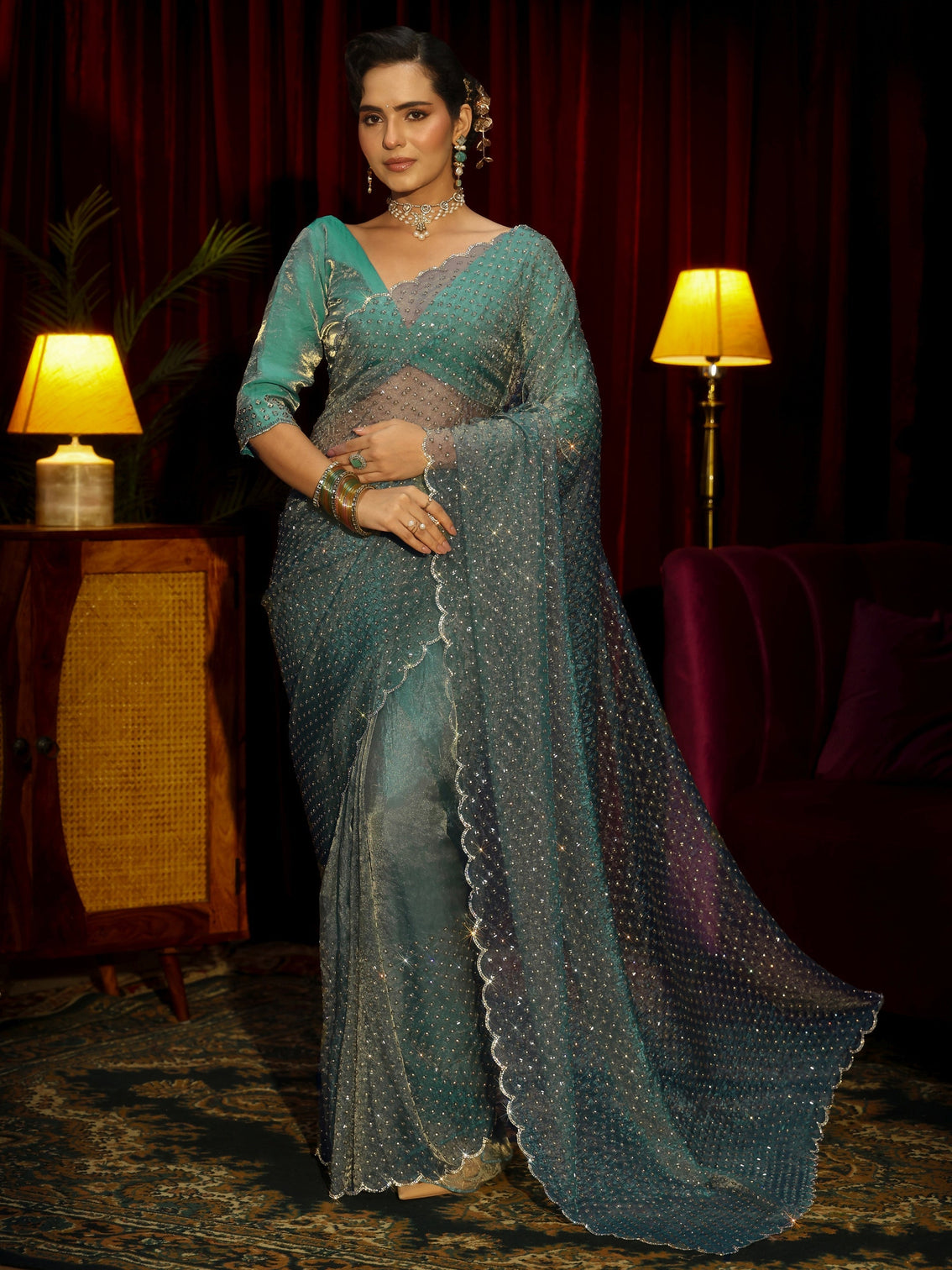 Mameraa Art Blue Embellished Tissue Saree