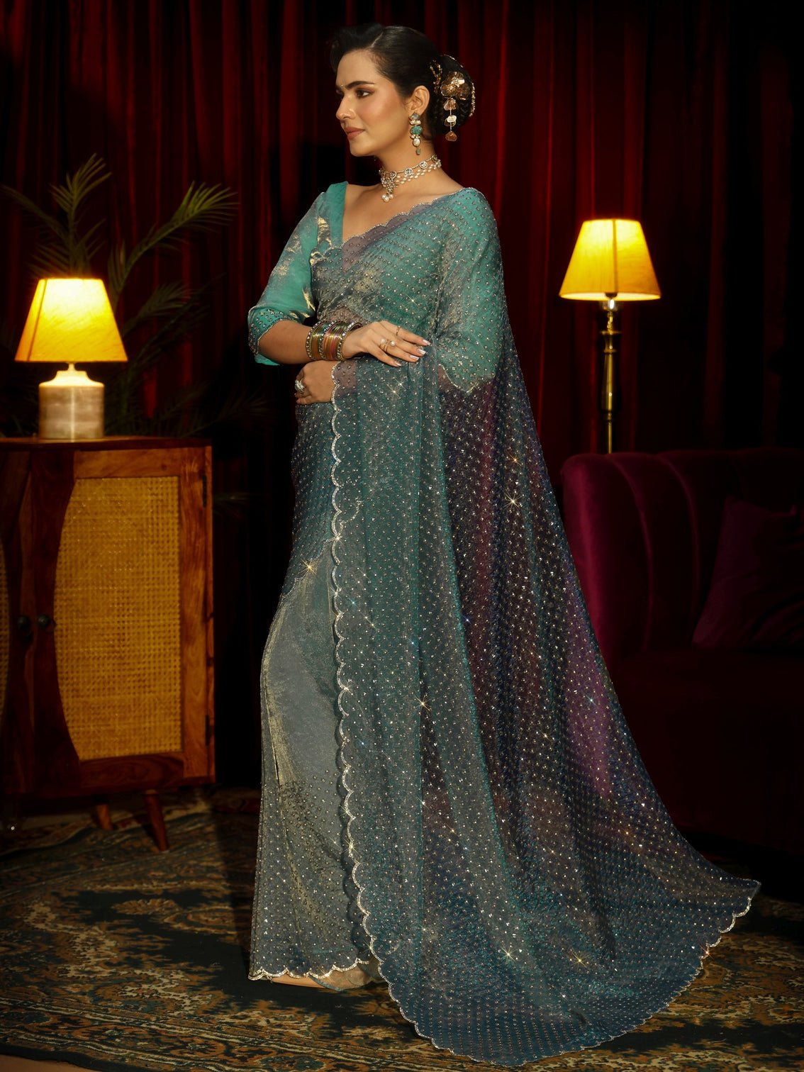 Mameraa Art Blue Embellished Tissue Saree