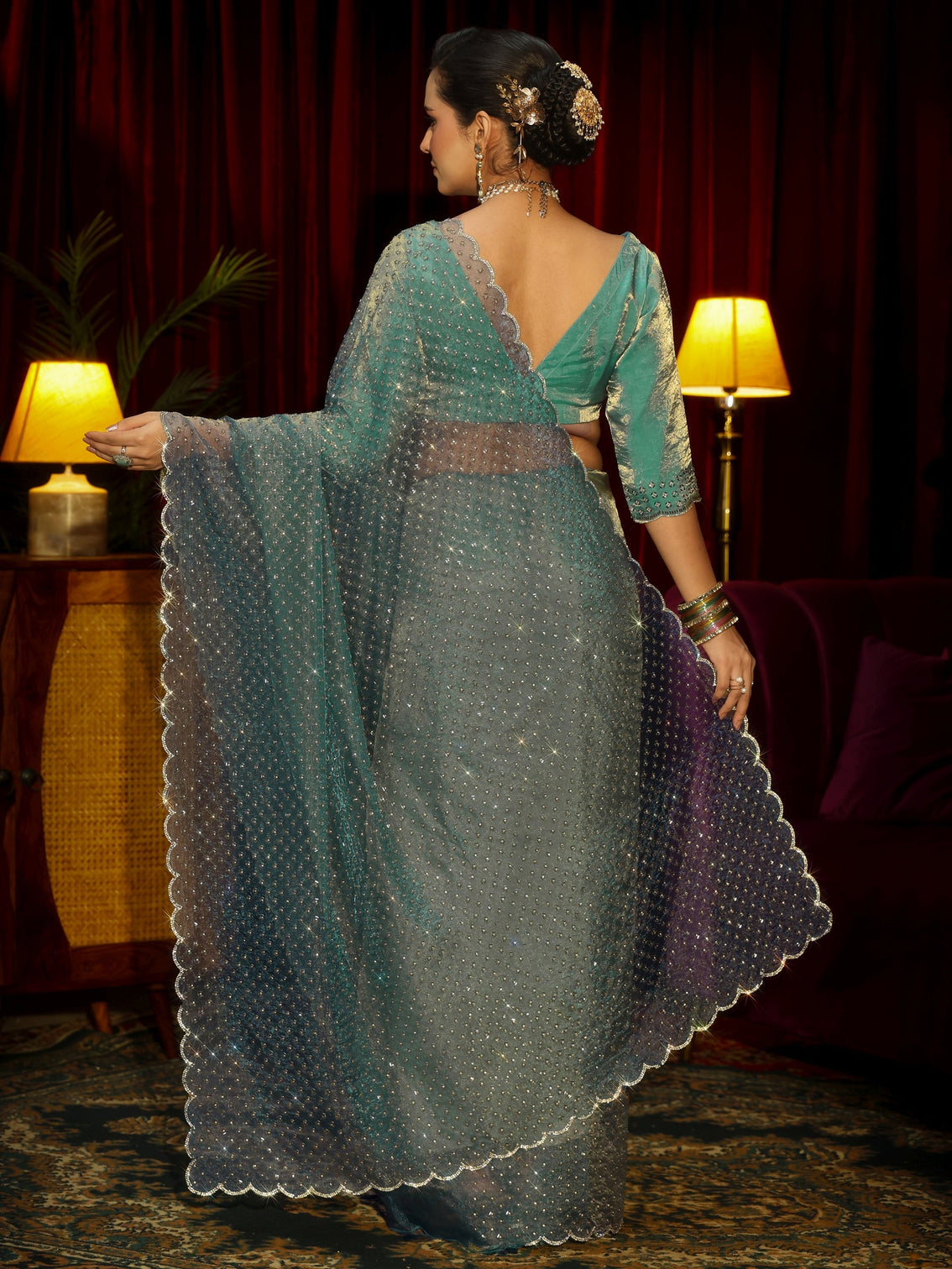 Mameraa Art Blue Embellished Tissue Saree